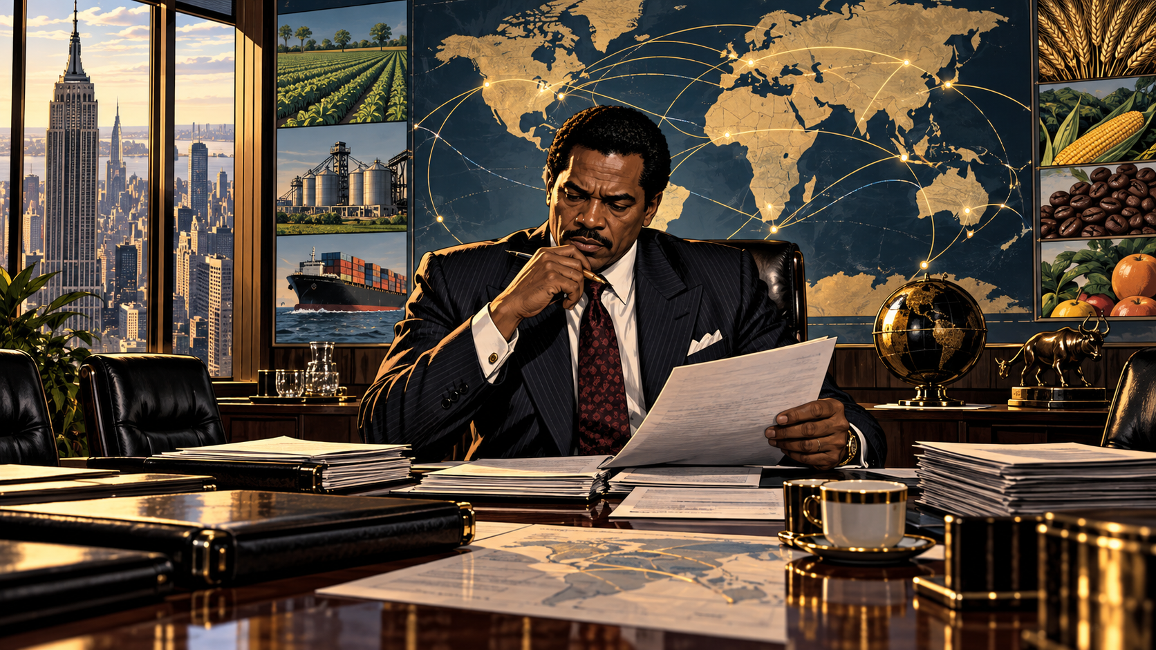 Reginald Lewis studies acquisition papers at a polished boardroom table as a global food map glows behind him