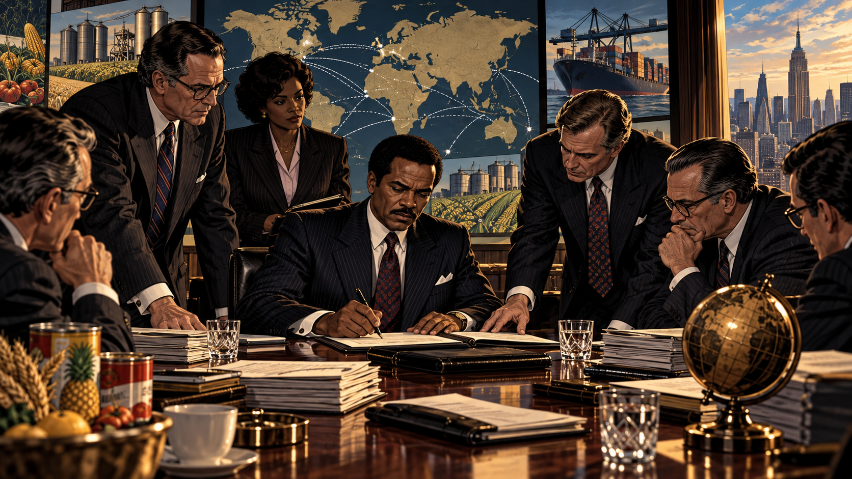 A tense 1987 deal room shows financiers, food brands, and shipping routes converging around a signed acquisition agreement