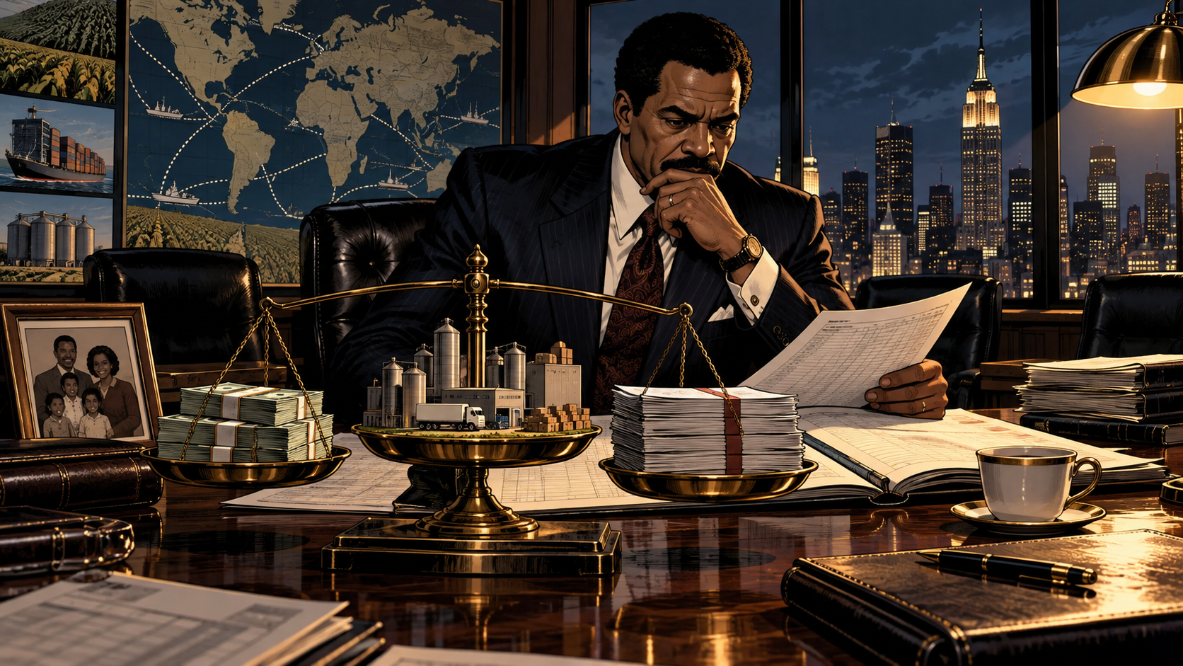 A financial ledger balances personal wealth, company revenue, and debt obligations under dramatic late-night light