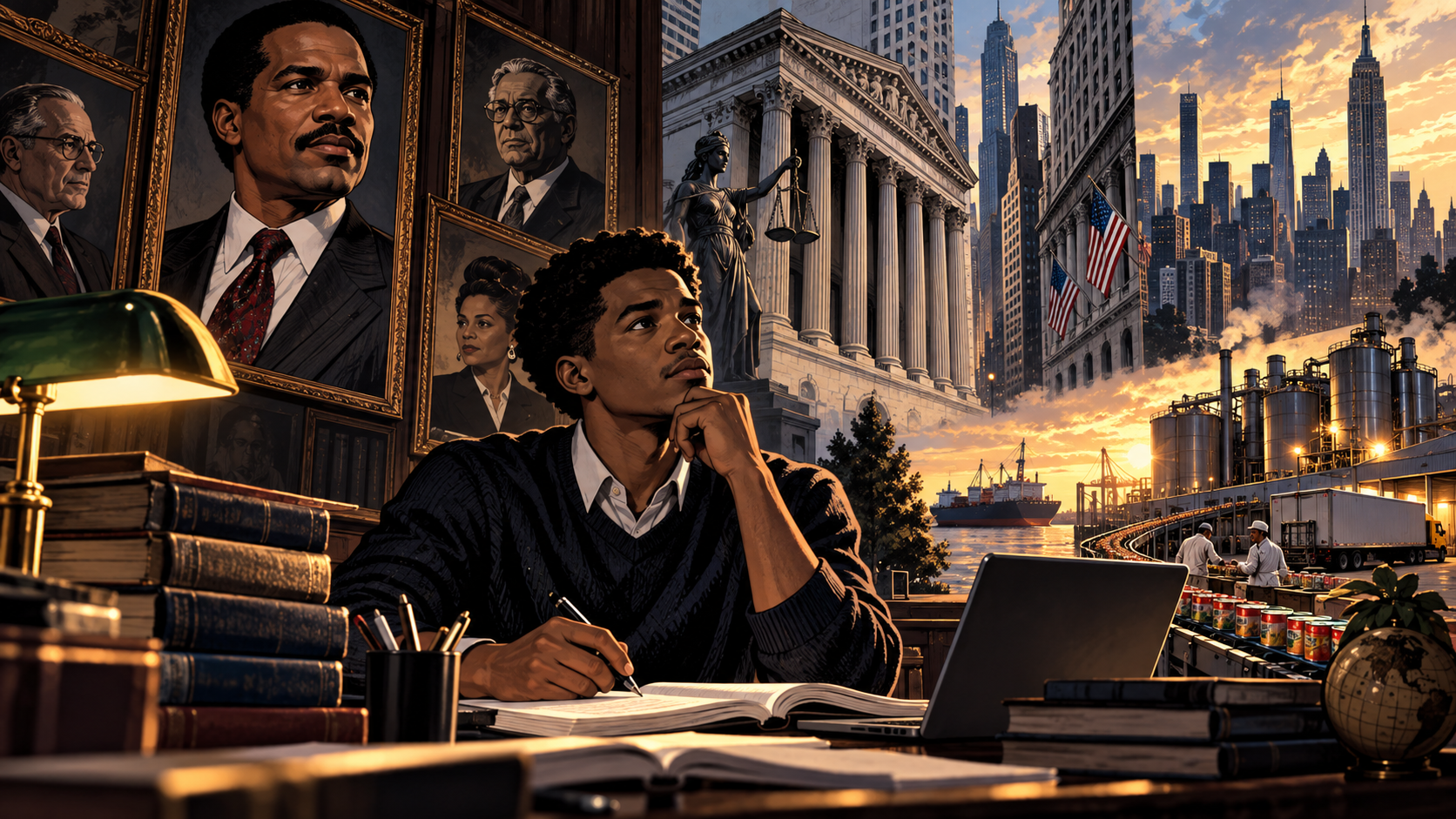 A young student studies beneath portraits of boardroom pioneers as a city skyline and factory lights merge in the distance