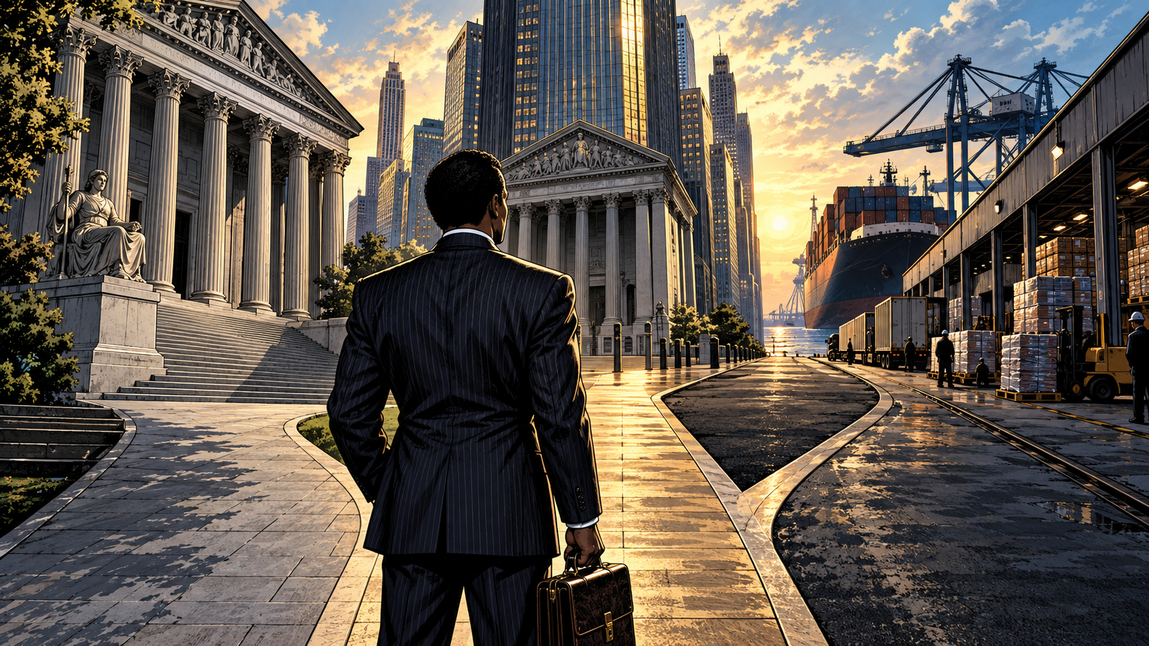 A founder stands between a courthouse, bank tower, and shipping warehouse while choosing the disciplined path through capital markets