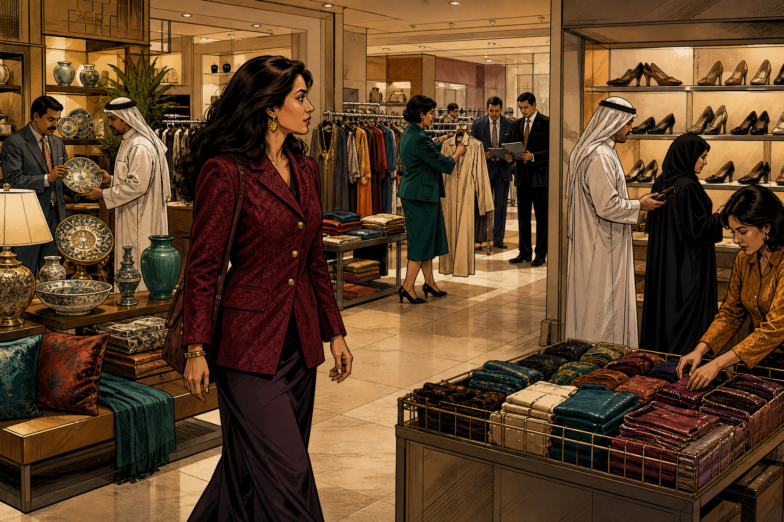 Renuka Jagtiani walking through an early Gulf retail floor as multiple home fashion and value concepts take shape around her