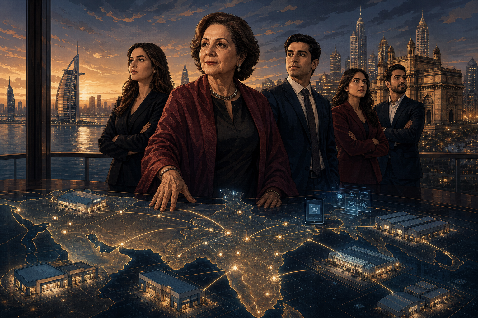 Renuka Jagtiani and the next generation standing above a connected map of Landmark stores warehouses and digital channels