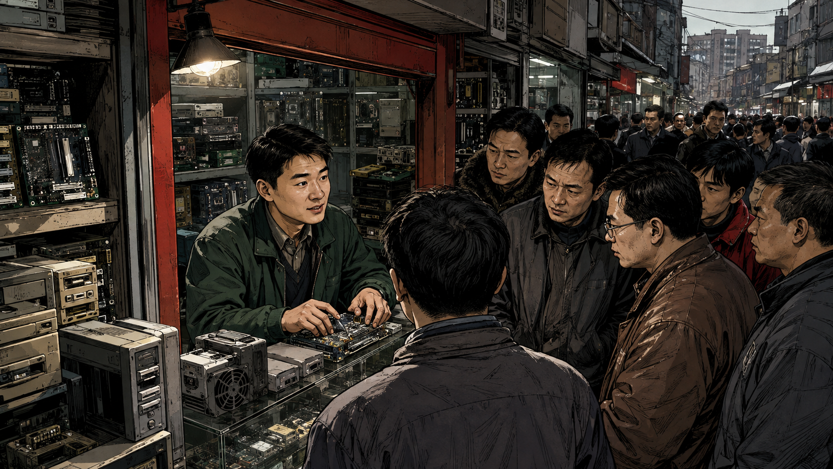 A young Richard Liu opening a small electronics counter in 1998 Beijing