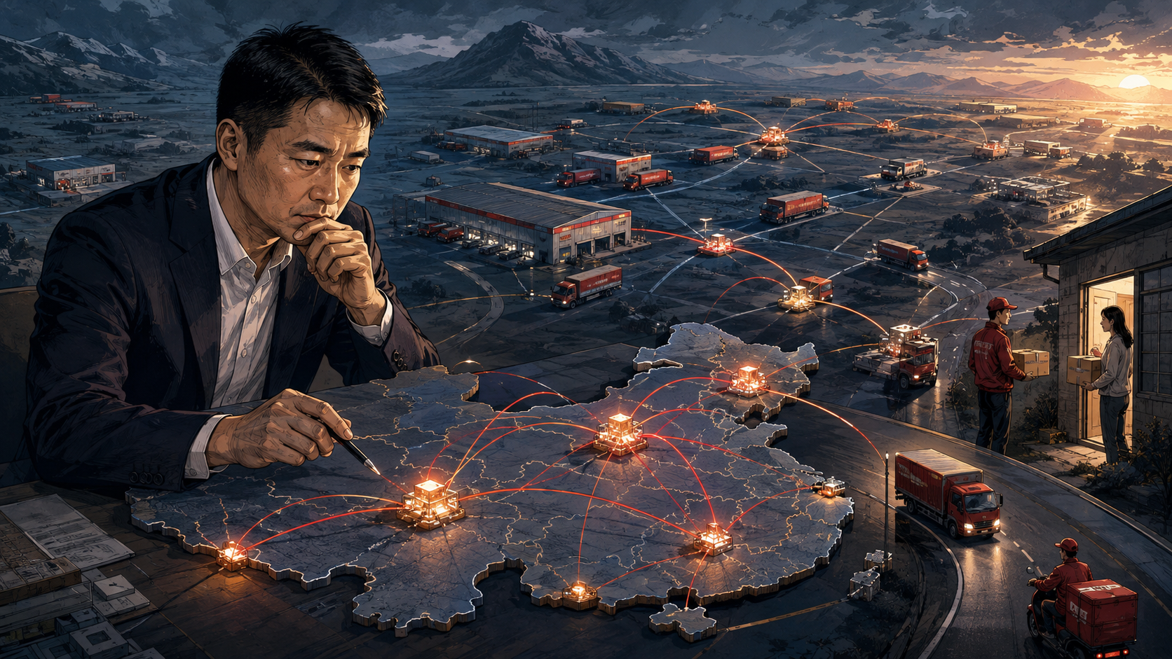 Richard Liu mapping warehouses, delivery stations, couriers, and customers across China
