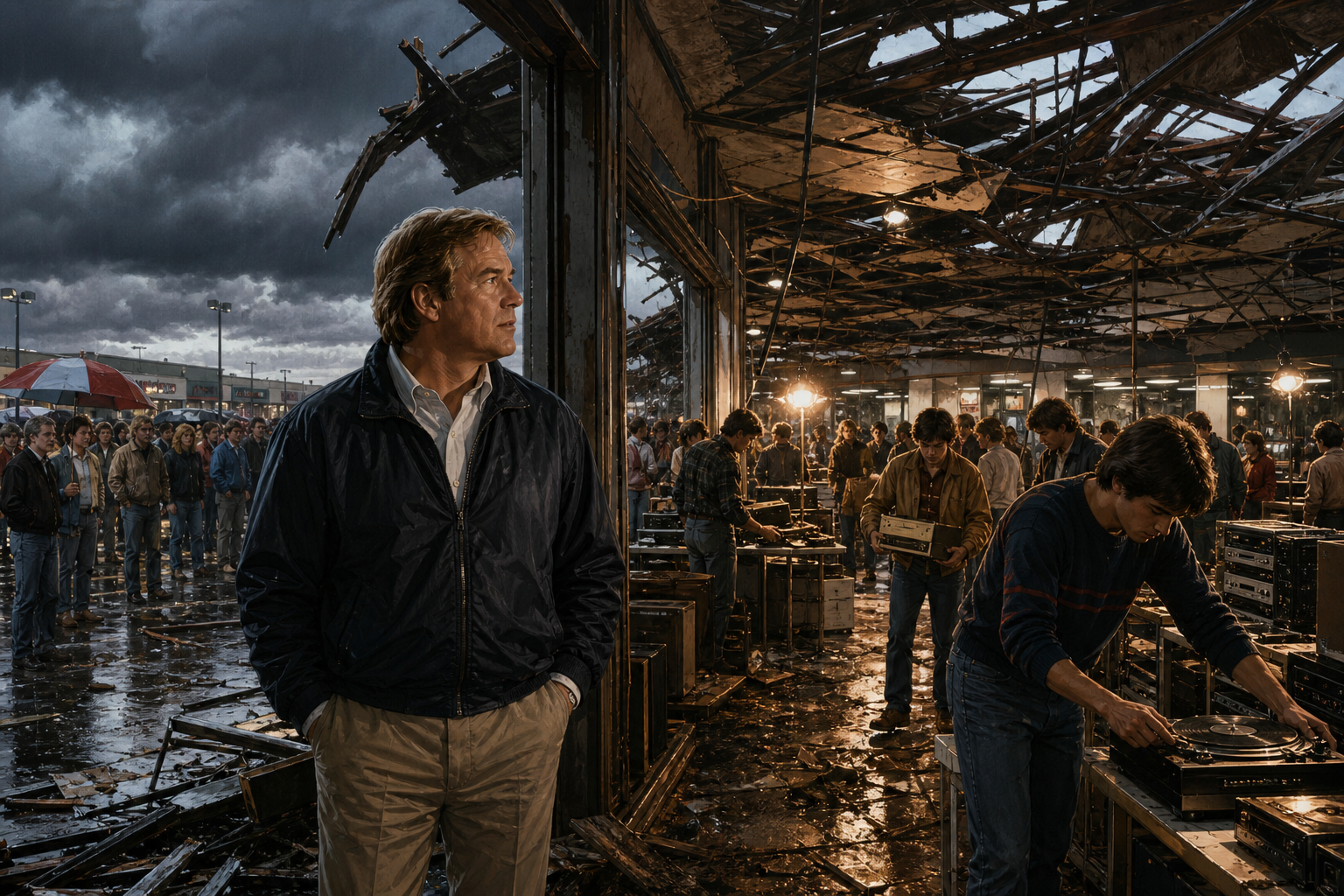 Richard Schulze surveying a tornado-damaged stereo store as a chaotic clearance sale reveals a new retail model