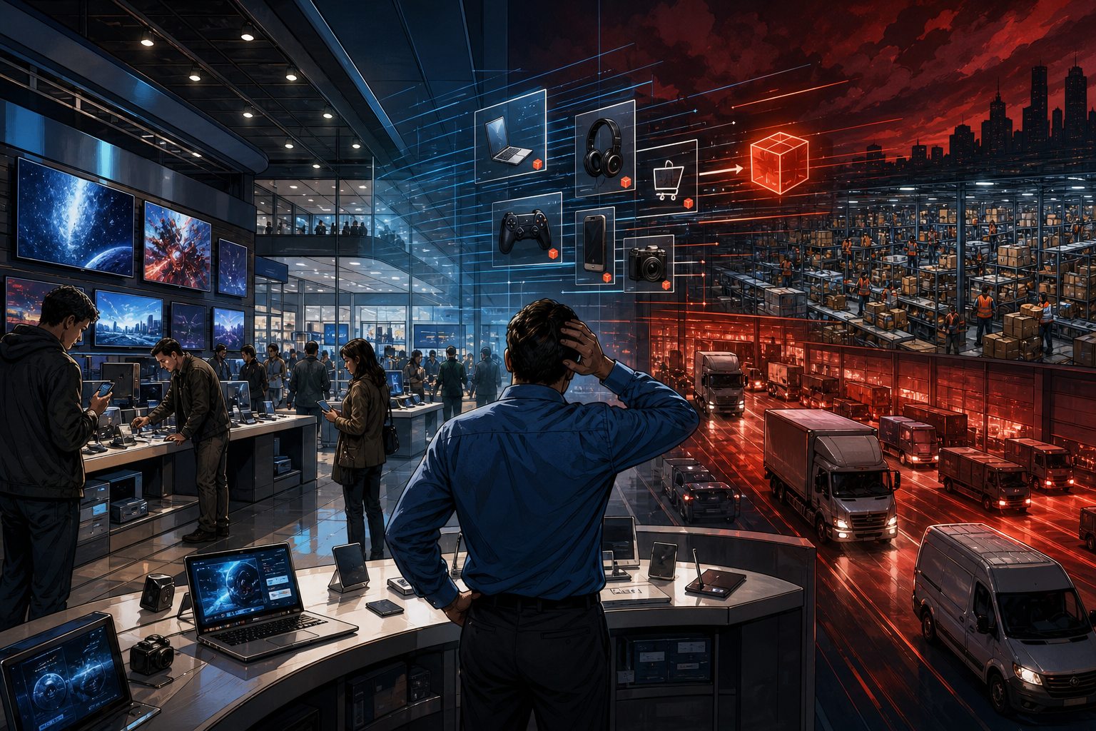 A Best Buy superstore caught between showroom shoppers, online price comparisons, and fast e-commerce delivery networks