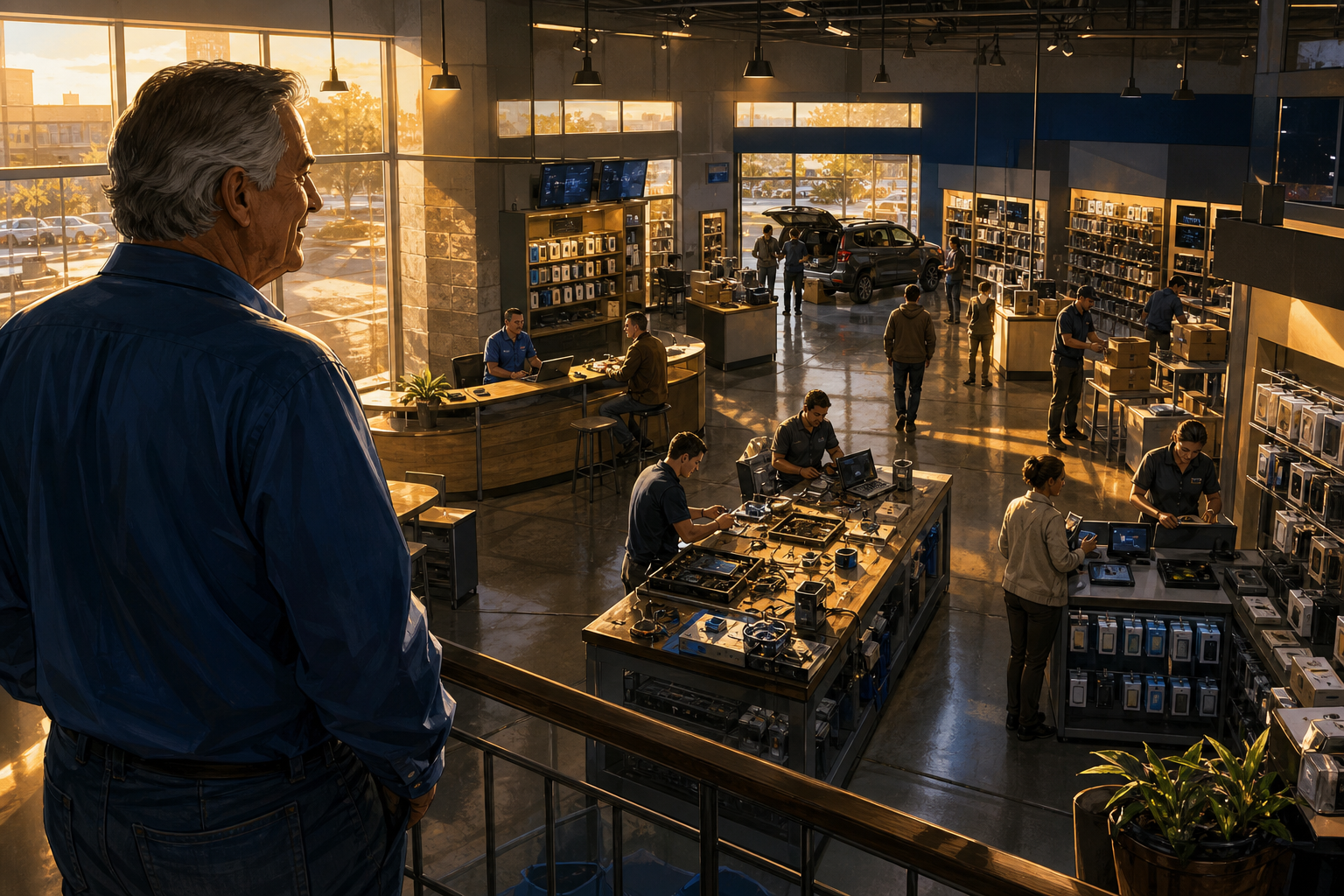 An older Richard Schulze overlooking Best Buy stores transformed into advice, service, pickup, and fulfillment hubs