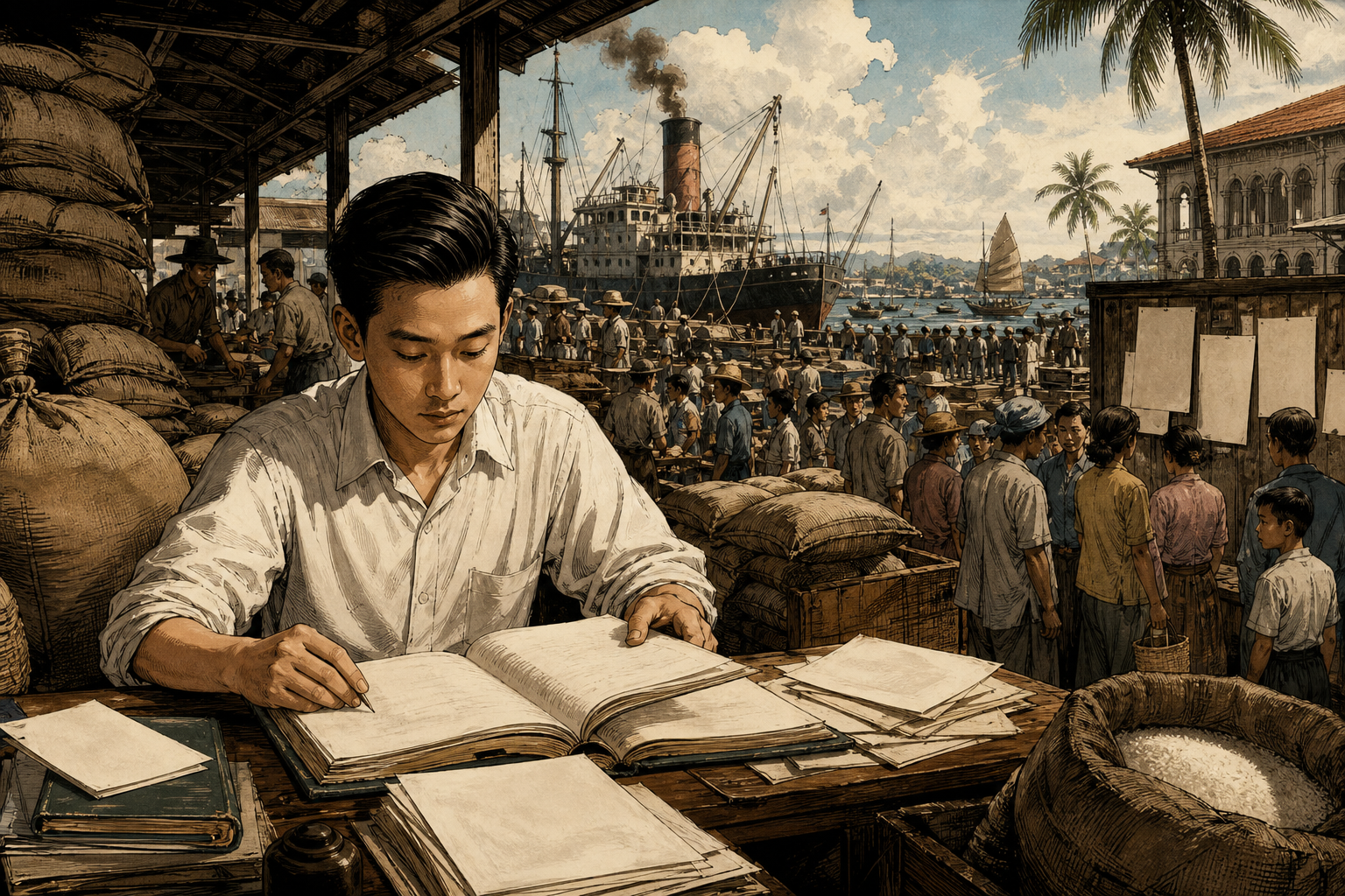 Young Robert Kuok in postwar Johor Bahru studying ledgers, sugar sacks, ships, and government allocation notices