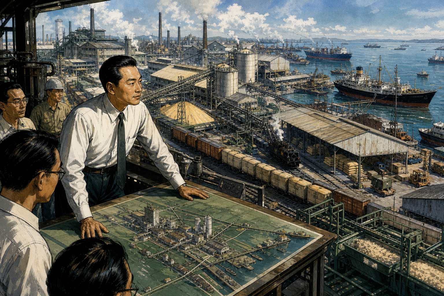 Robert Kuok mapping an integrated network of sugar refining, flour milling, ports, warehouses, and ocean freight across Southeast Asia