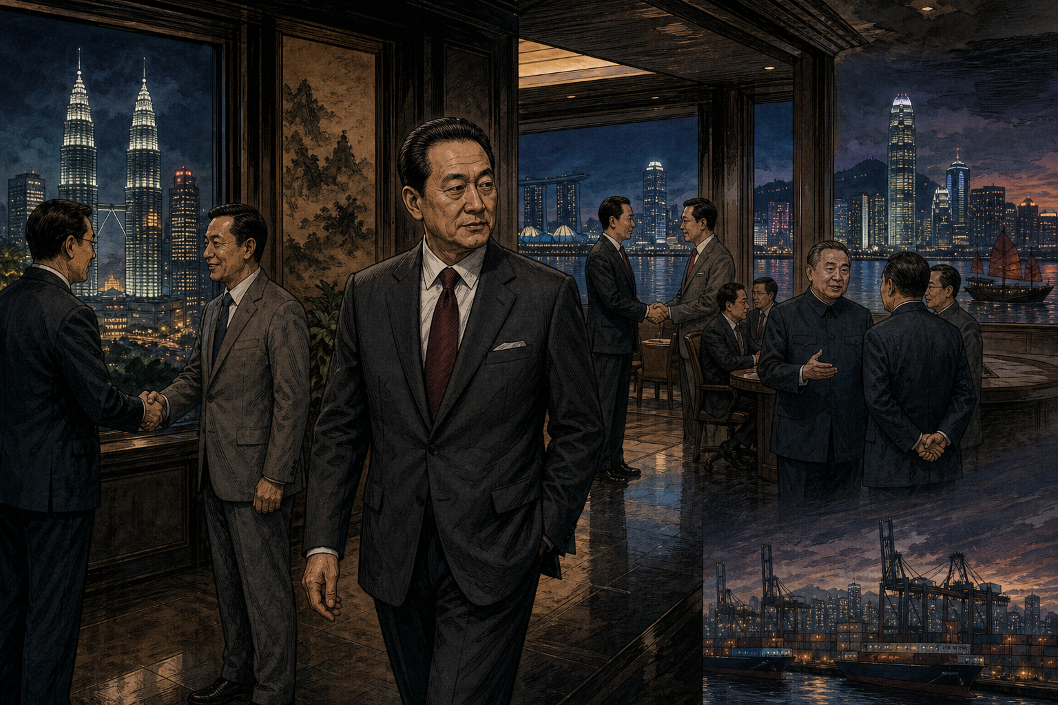 Robert Kuok moving discreetly between Kuala Lumpur, Hong Kong, Beijing, and Singapore boardrooms while markets and governments shift