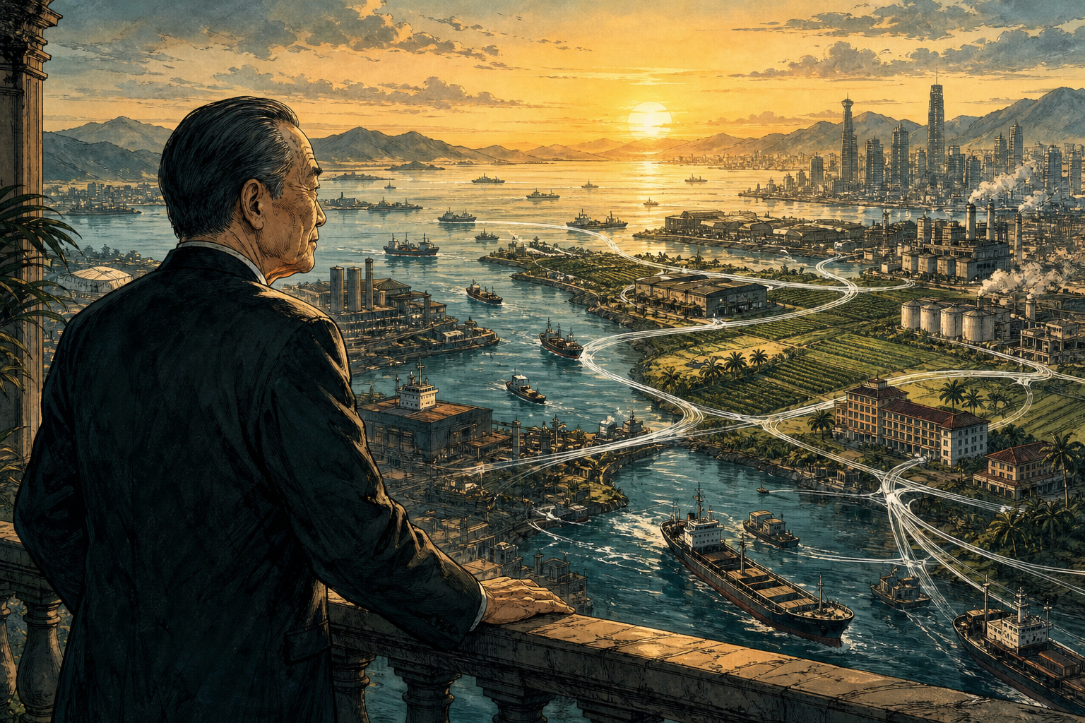 An elderly Robert Kuok overlooking ships, mills, hotels, farms, and city towers linked by a quiet network of trade and capital