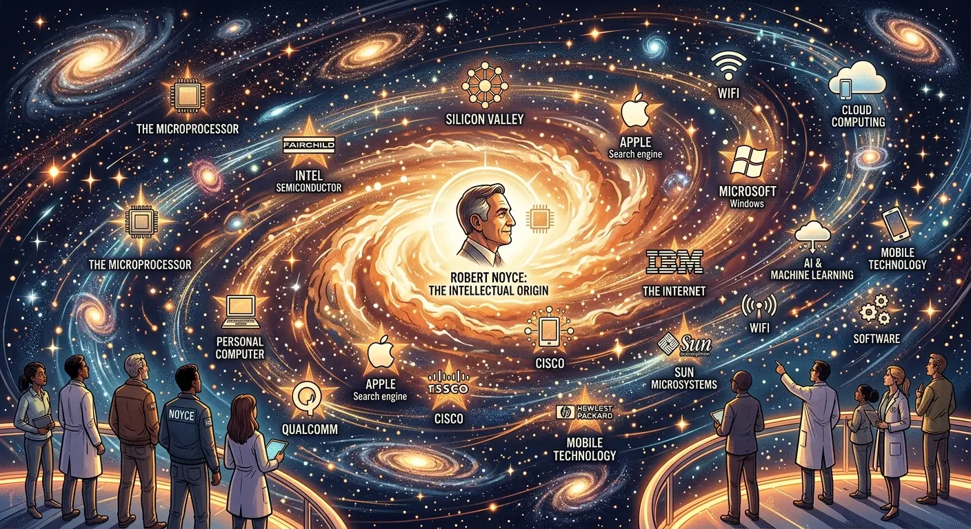A stylized image of a galaxy, with individual stars representing various tech companies and innovations, and a central glowing point representing Robert Noyce's influence