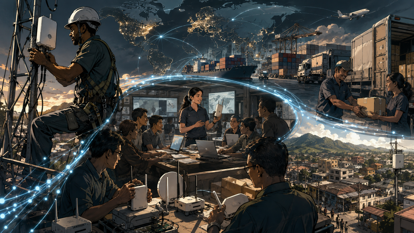 Network installers, online community experts and regional distributors connect through a shared ecosystem while wireless equipment reaches towns and offices