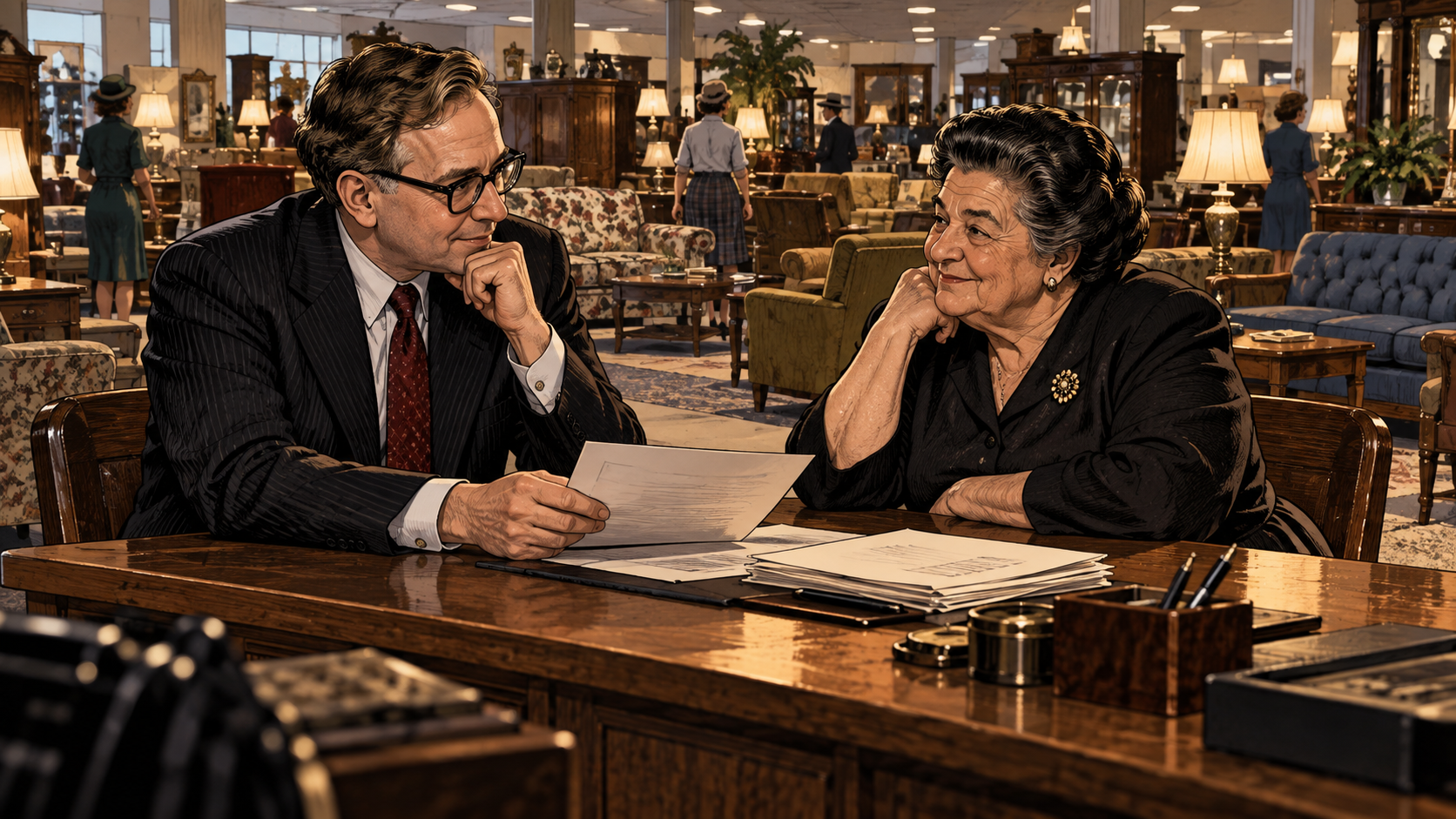 Warren Buffett and Rose Blumkin sit across a plain desk reviewing a one-page acquisition proposal without bankers or fanfare