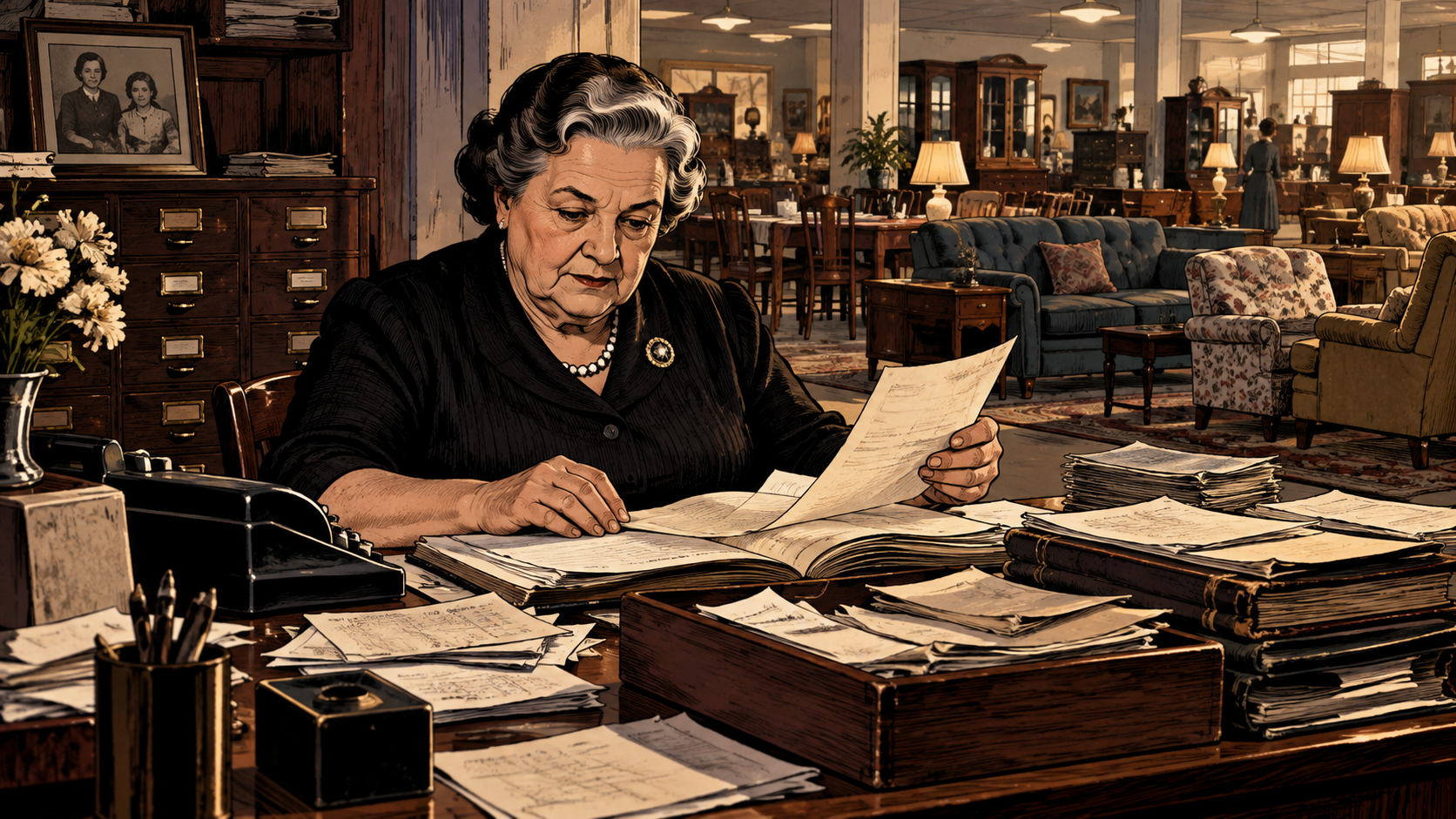 A store cash office shows old ledgers, furniture invoices, and a growing family fortune under warm dramatic light