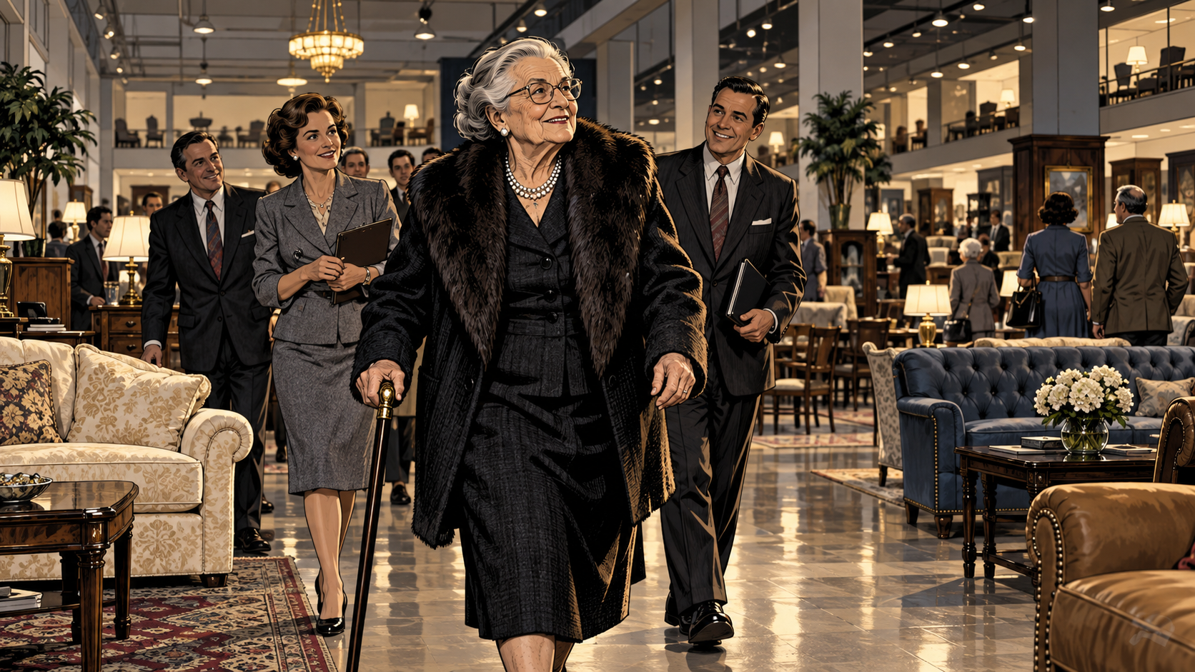 A ninety-something Rose Blumkin walks through a vast showroom as younger managers and customers follow her lead