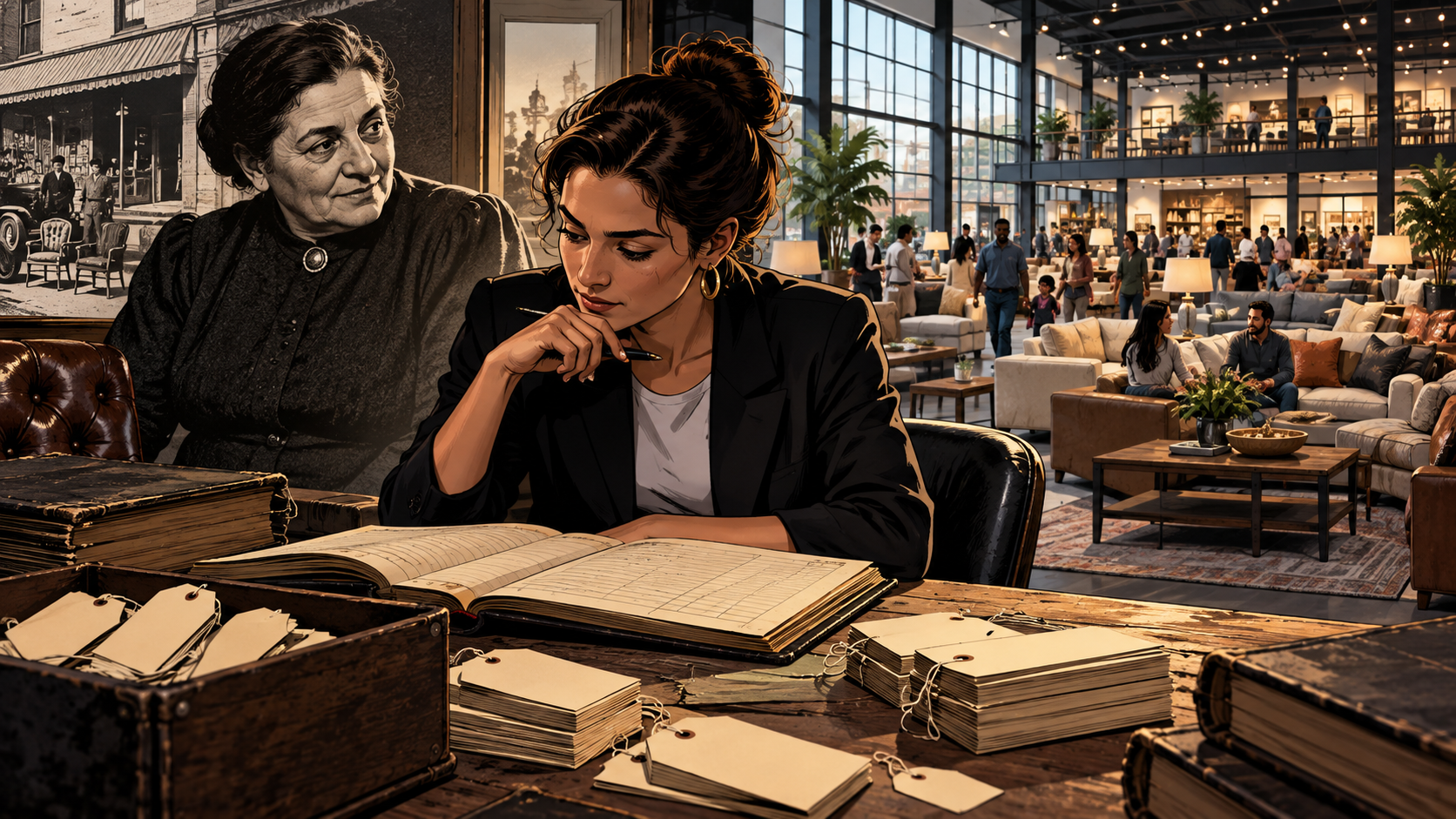 A modern retail founder studies Mrs. B's old price tags beside a massive contemporary showroom filled with customers
