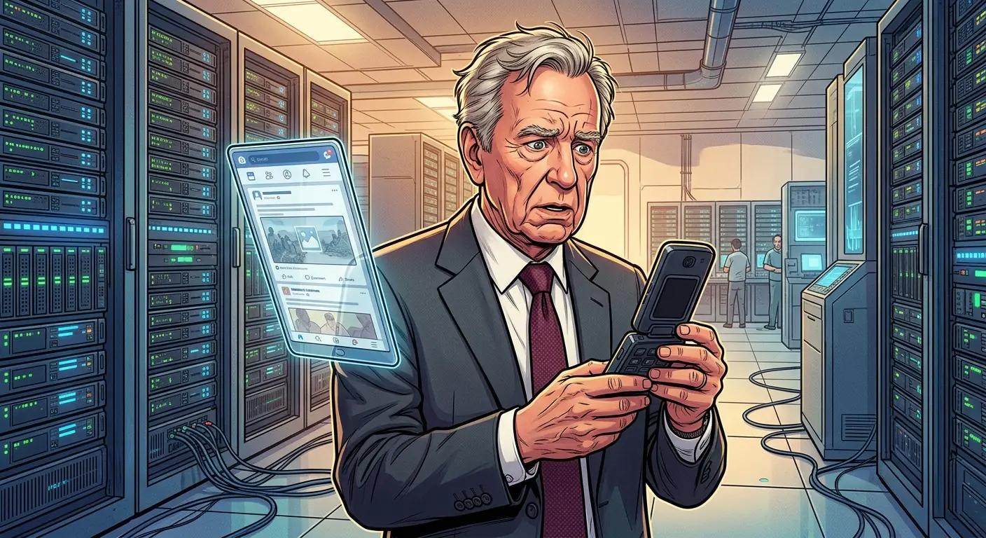 Rupert Murdoch, looking slightly bewildered, standing in a futuristic server room with glowing blue lights, holding a retro flip phone while a sleek tablet displaying a social media feed hovers nearby.