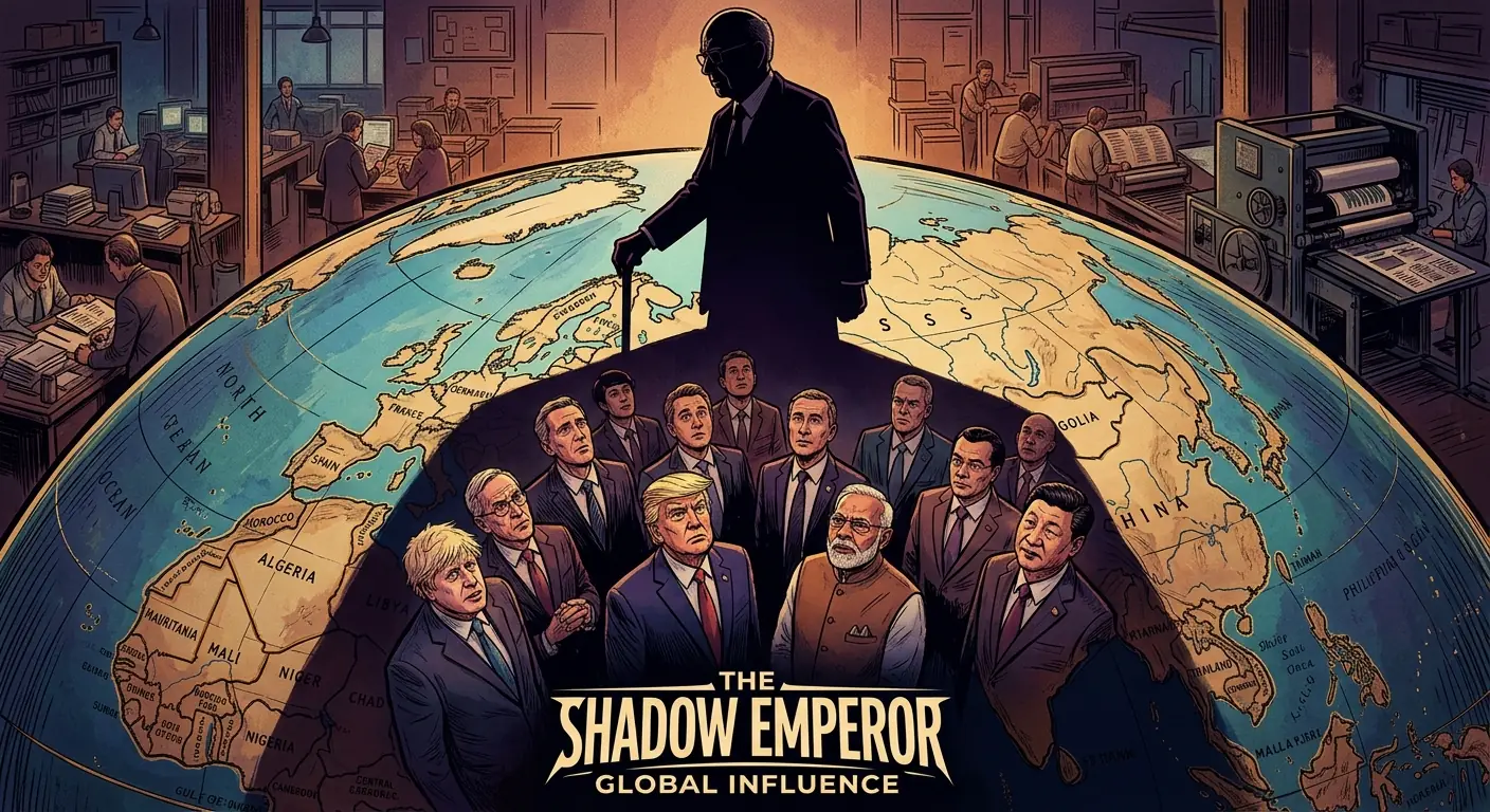A stylized image of Rupert Murdoch's silhouette casting a giant shadow over a globe, with various world leaders and political figures visible within the shadow, looking up at him.