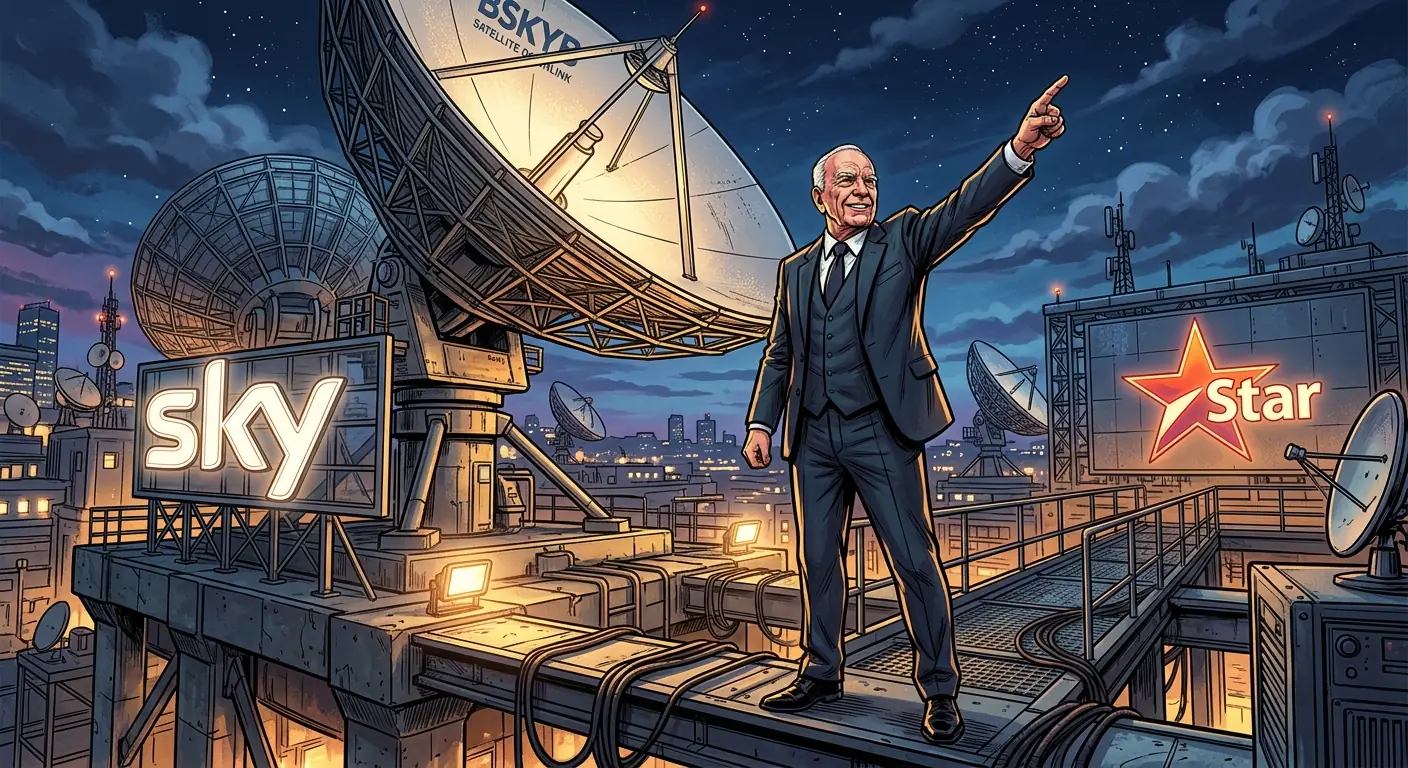 Rupert Murdoch standing triumphantly in front of a giant satellite dish, pointing towards the sky, with "Sky" and "Star" logos subtly integrated into the background.