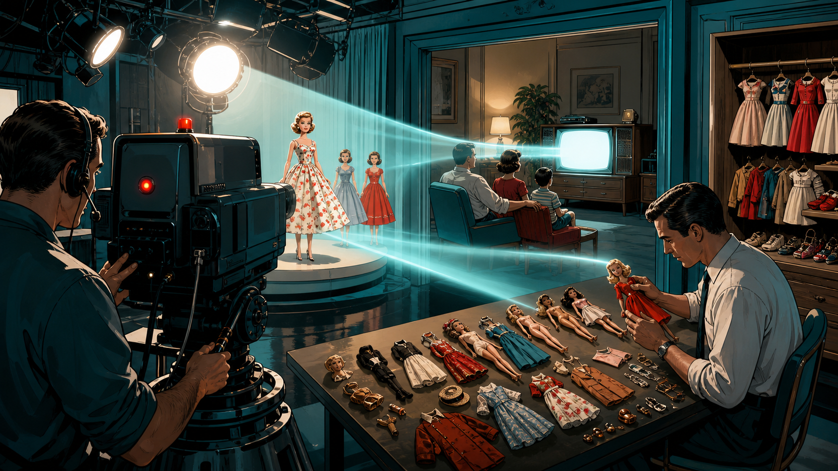 A 1960s Mattel studio coordinating Barbie television advertising, fashion accessories, packaging, and nationwide toy-store demand