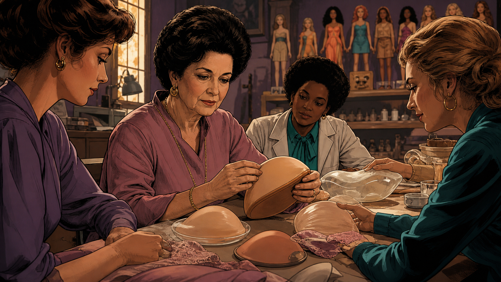 An older Ruth Handler developing a practical breast prosthesis while the vast Barbie character universe continues beyond her