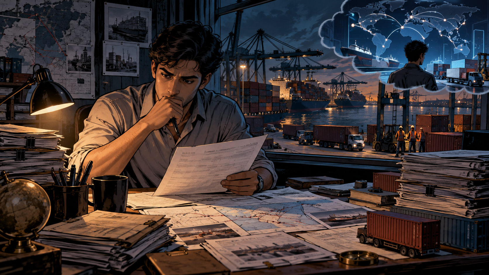 A young importer studying customs records shipping documents and container routes before building a freight company
