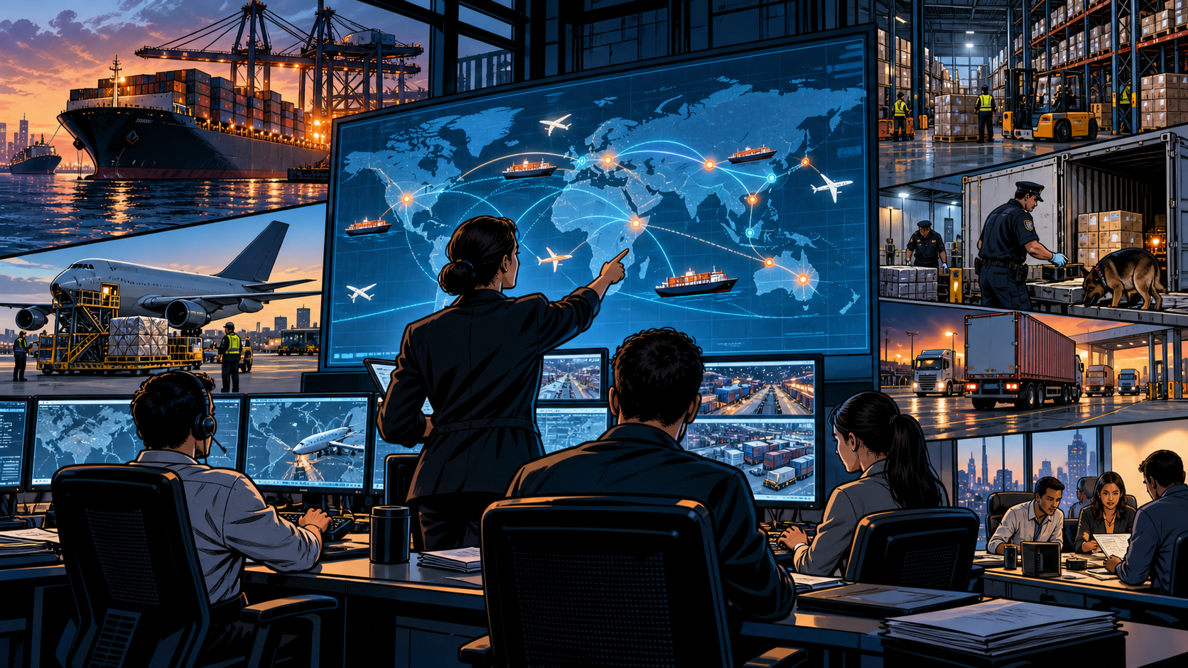 A digital logistics control tower coordinating ships aircraft warehouses trucks and customs teams