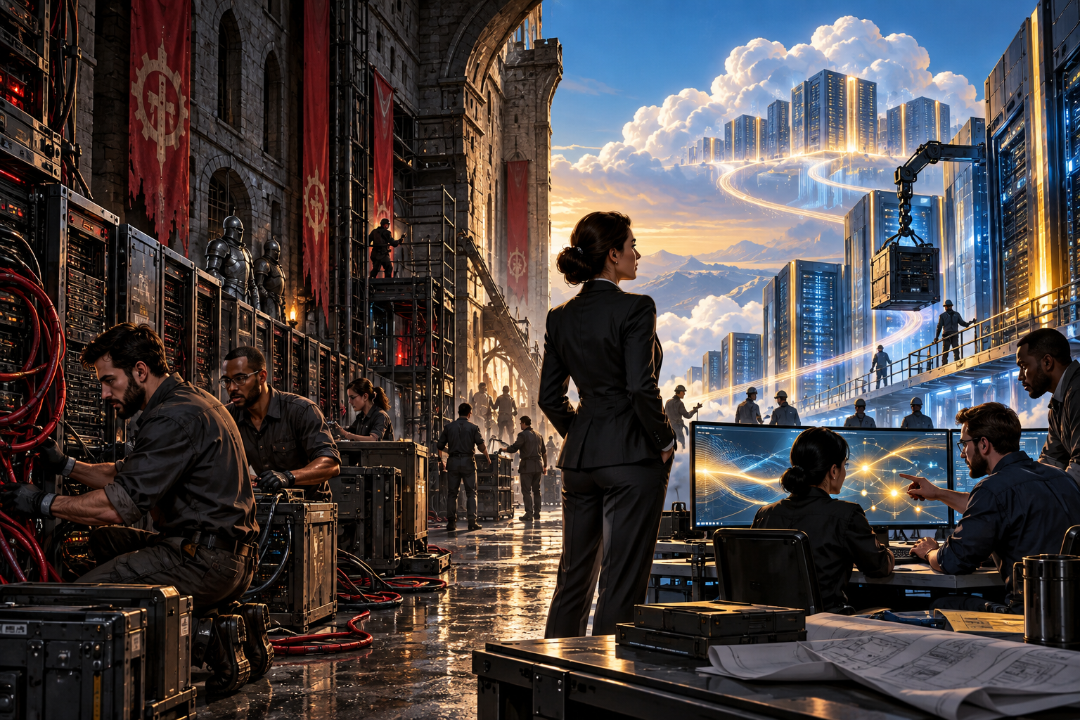 A legacy software fortress is methodically rebuilt into modern cloud infrastructure under executive supervision