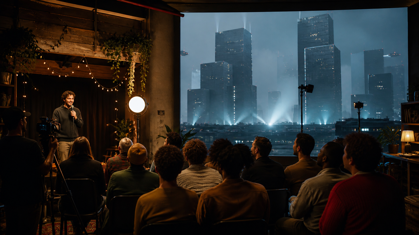 A focused Dropout studio surrounded by loyal comedy fans while giant streaming platforms battle in the distance