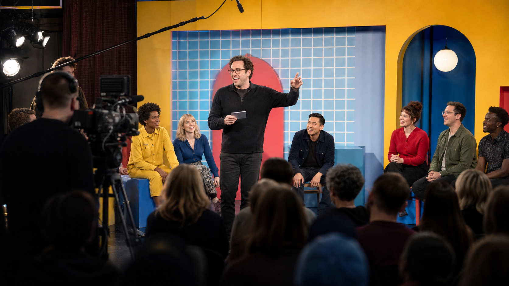 Sam Reich hosting Game Changer as a trusted ensemble improvises on a bright practical studio set
