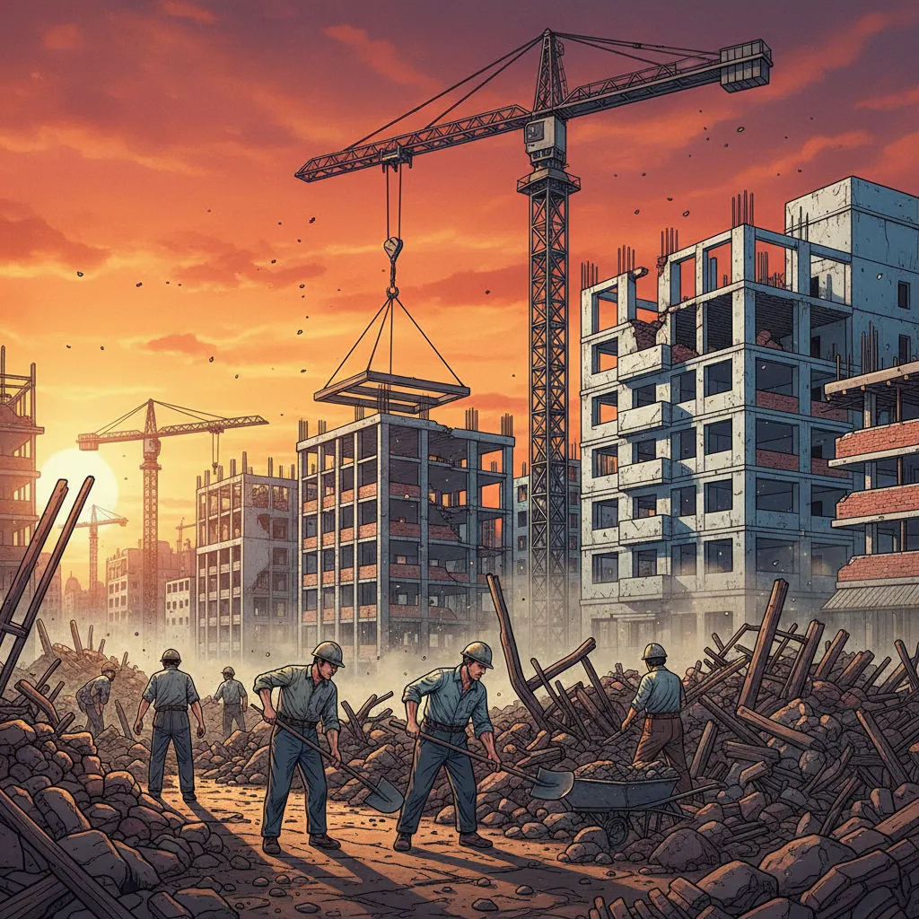 War-torn Korean cityscape in the 1950s with rubble and reconstruction beginning