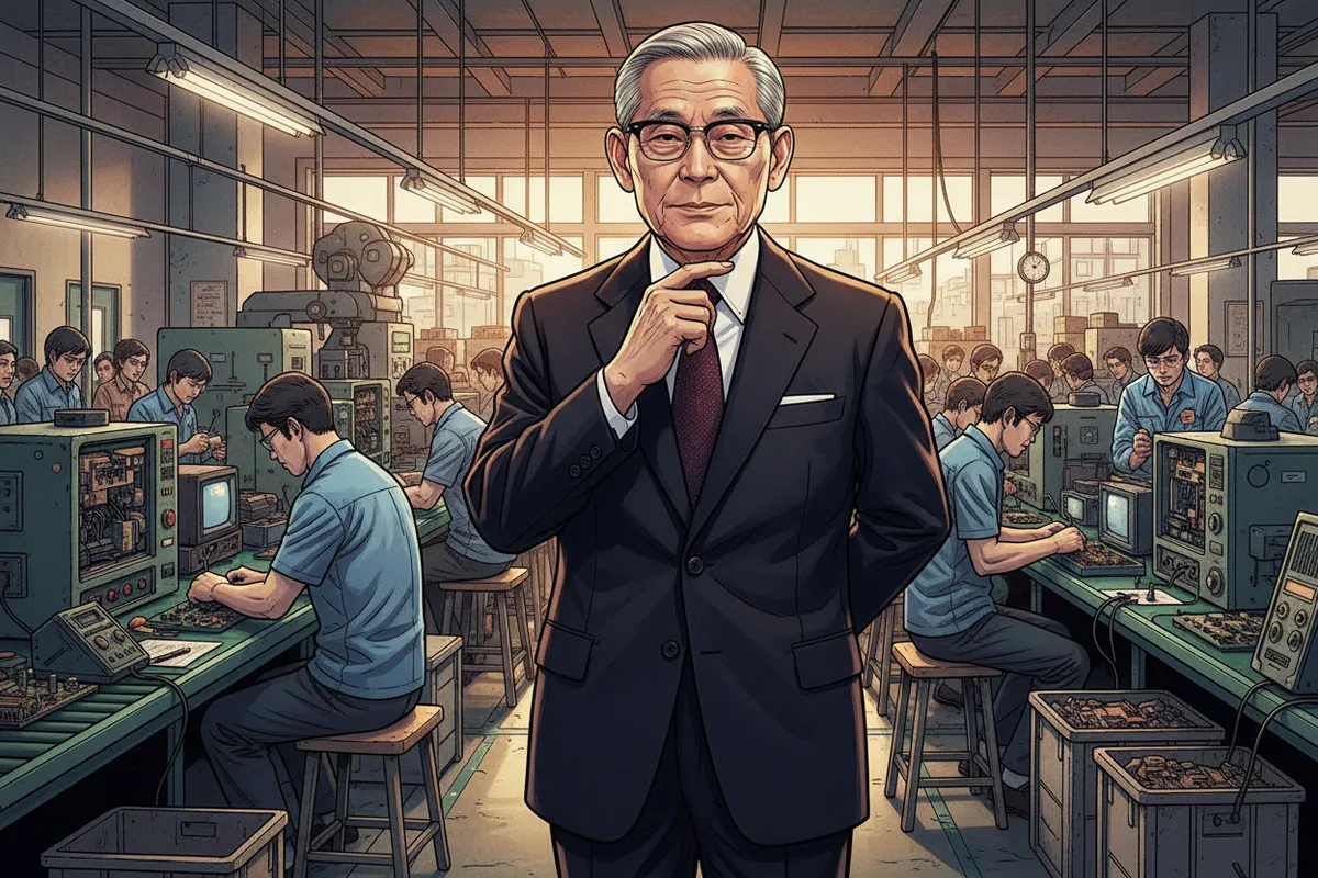 Lee Byung-chul in a formal suit inspecting a Samsung electronics factory in the 1970s