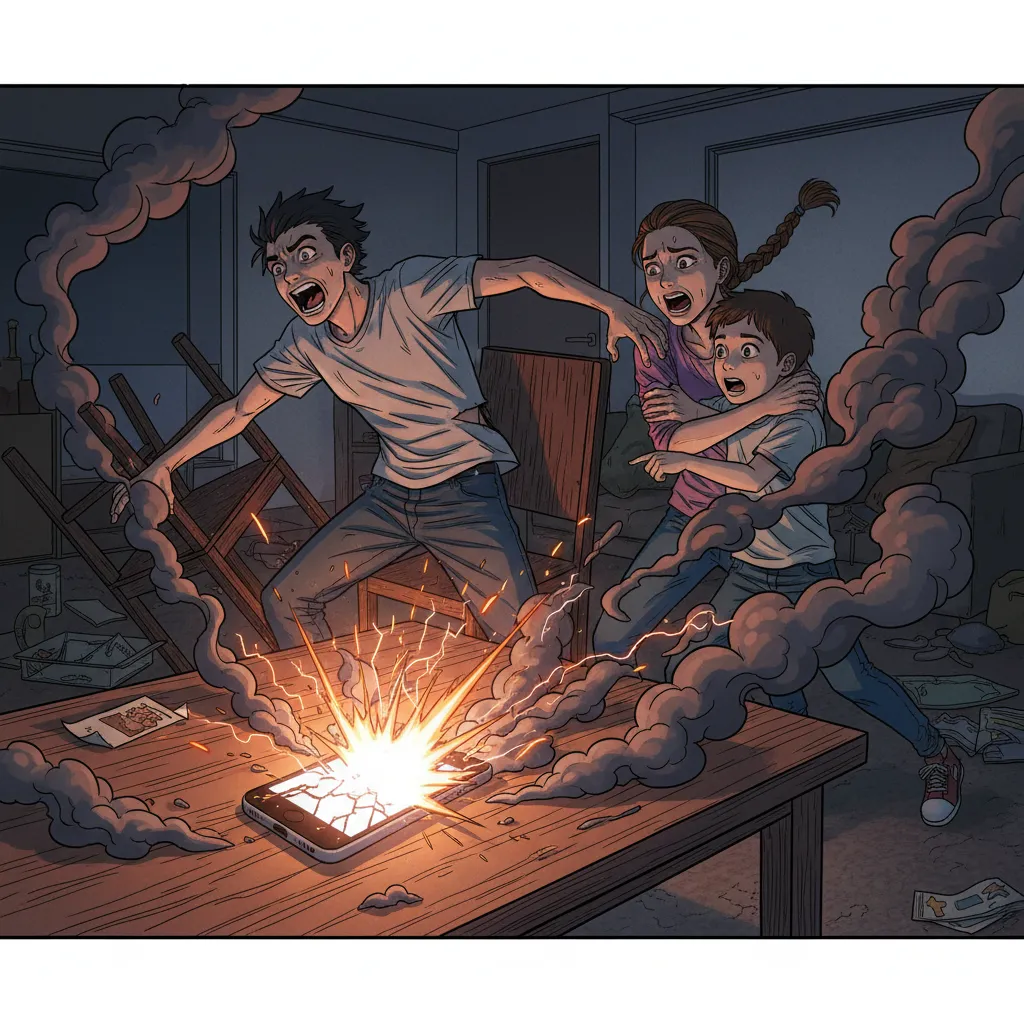 A Samsung Galaxy Note 7 phone with smoke rising from it on an airport floor