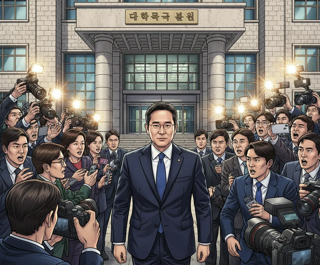 A man in a dark suit surrounded by reporters and cameras outside a Korean courthouse