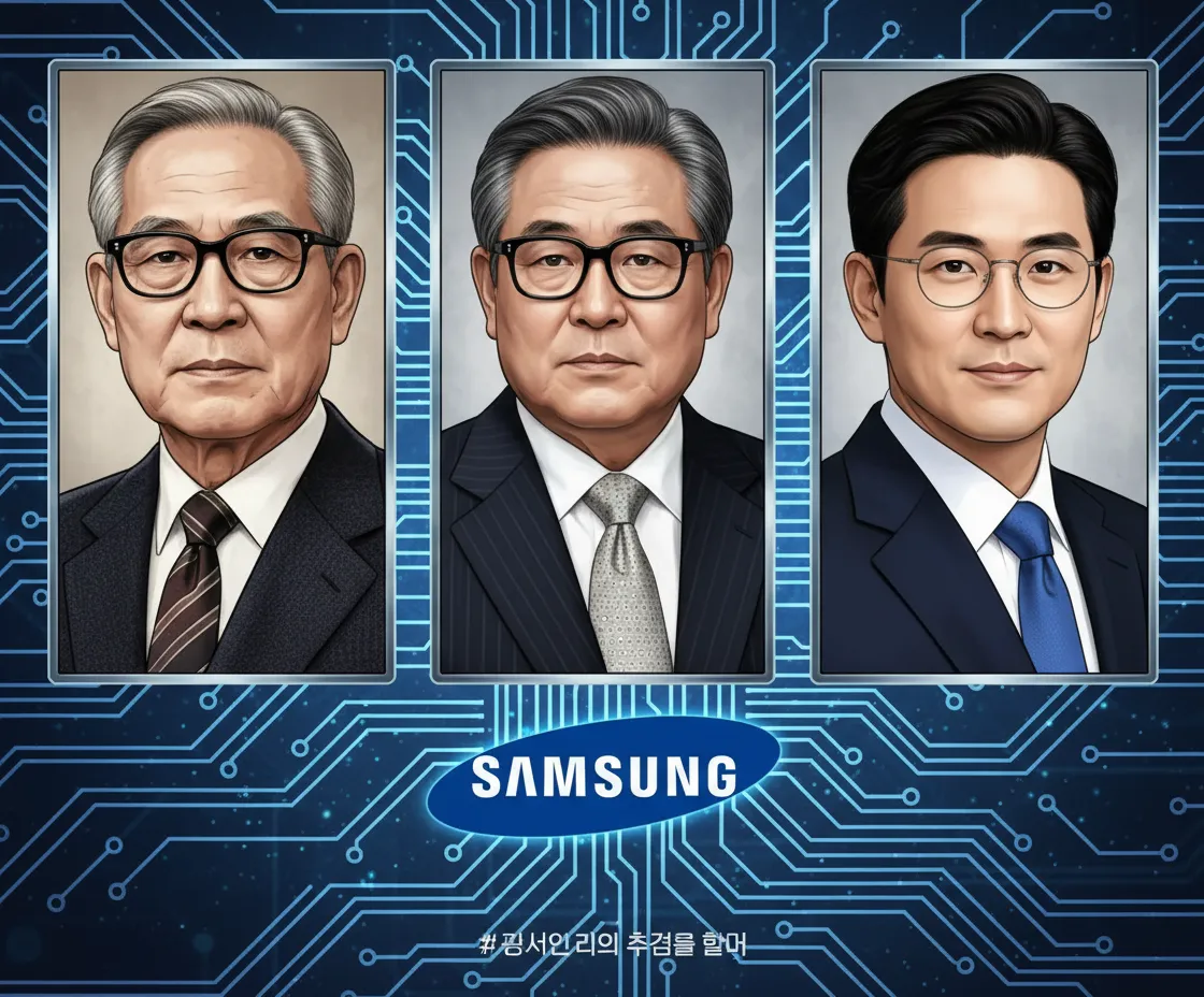 Three generations of a Korean business family in formal portraits, spanning decades