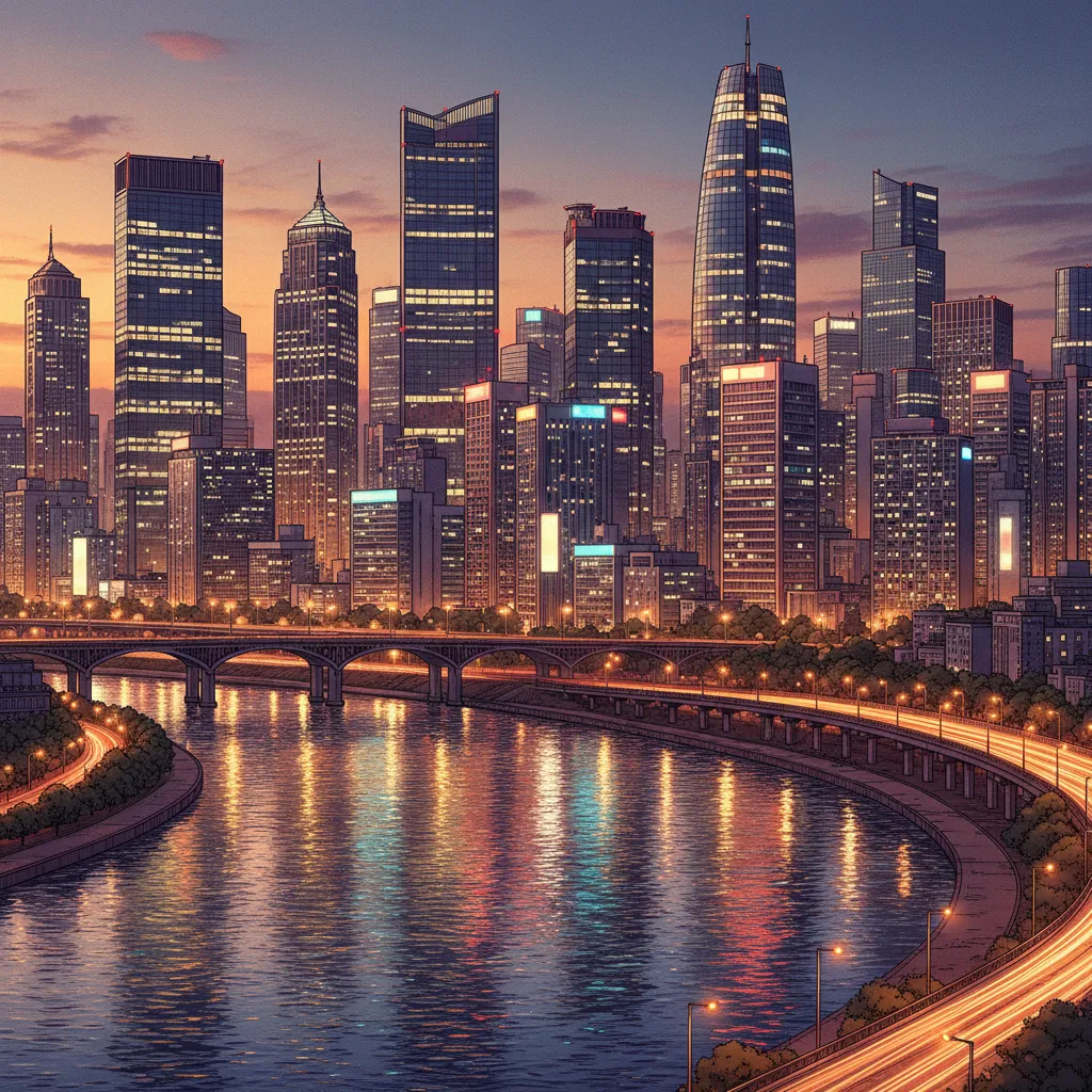 Aerial view of the Seoul skyline at night with Samsung buildings prominent