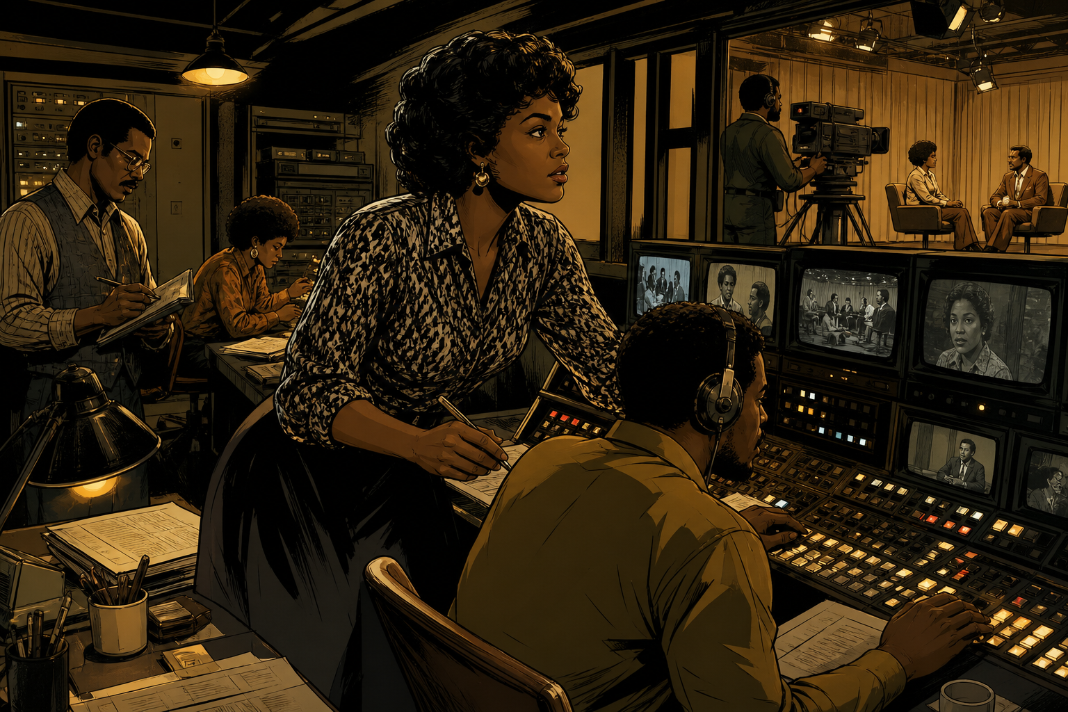 Sheila Johnson coordinating programming and operations in an early Black cable television control room