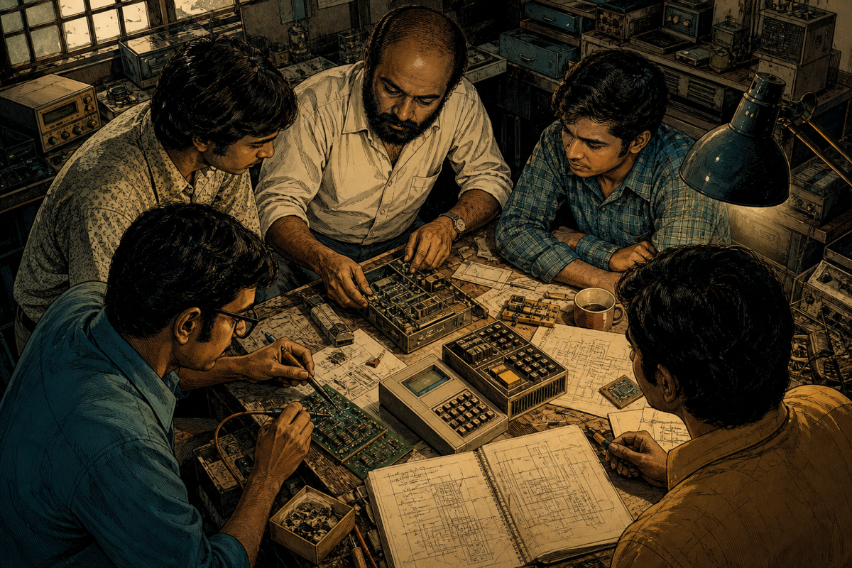 Shiv Nadar and a small founding team building calculators and early computers in a 1970s workshop