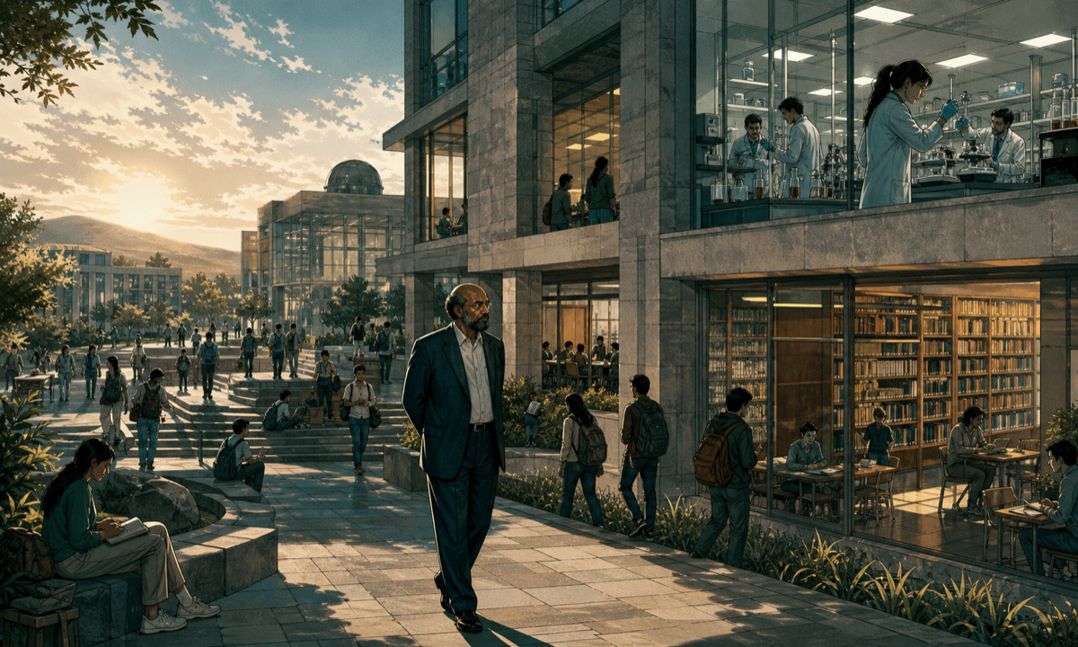 Shiv Nadar walking through a university campus built for science, research, and long-term education