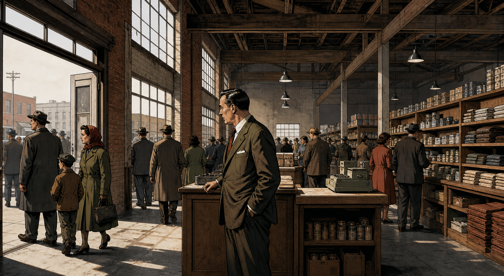Sol Price opening an austere 1950s discount store inside a converted warehouse as families enter beneath exposed beams