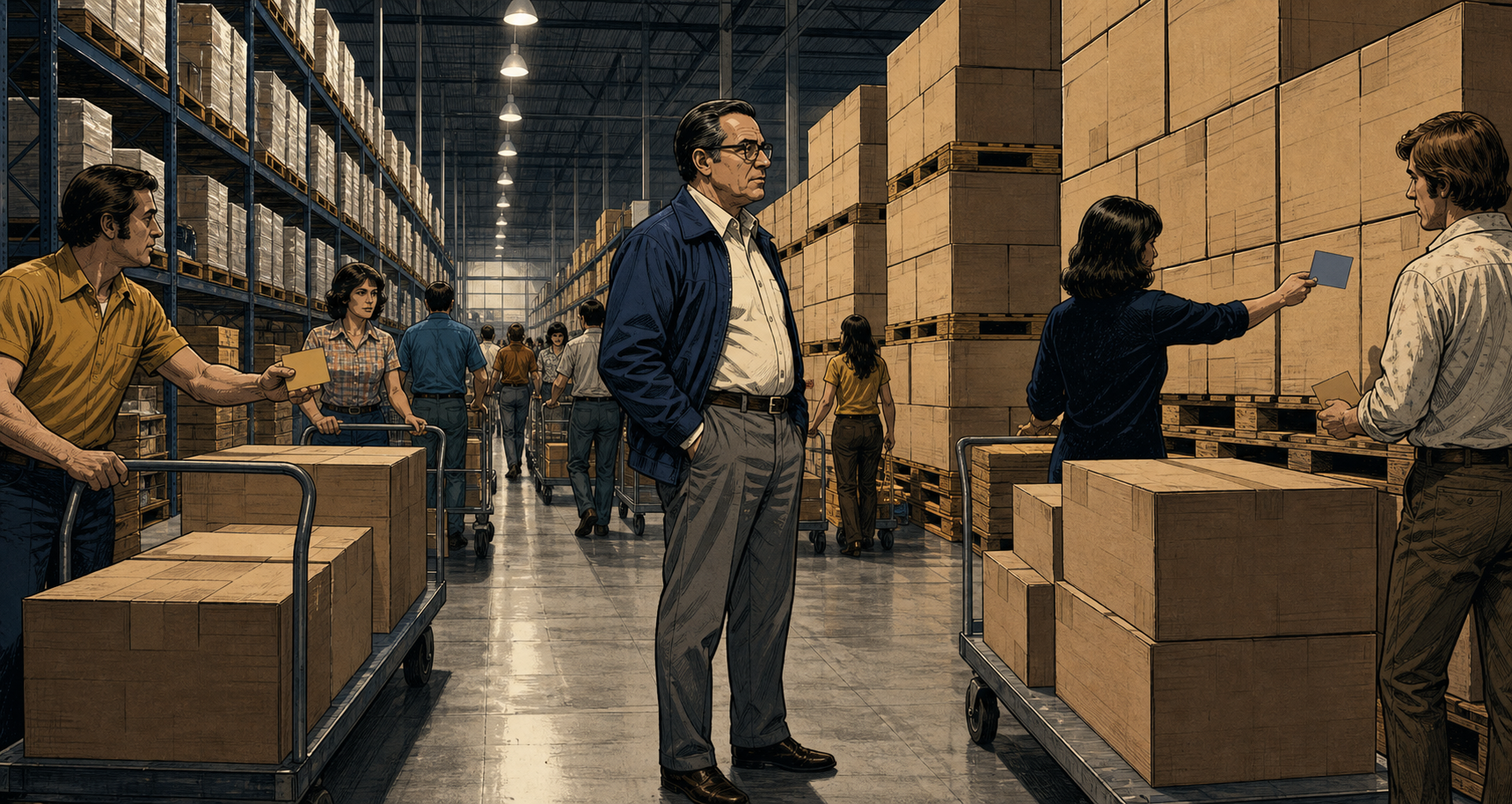 1970s Price Club members pushing flat carts past towering pallets while Sol Price studies inventory flow from the concrete floor