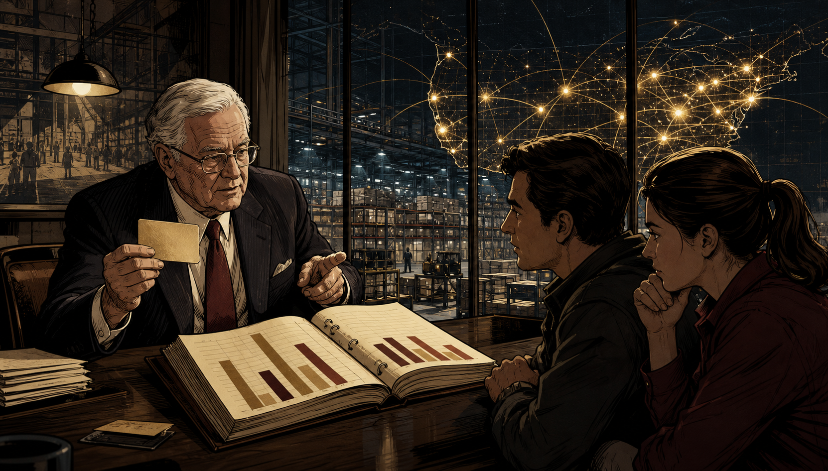 Sol Price mentoring a new generation of warehouse retailers around a membership card, price ledger, and expanding map of stores