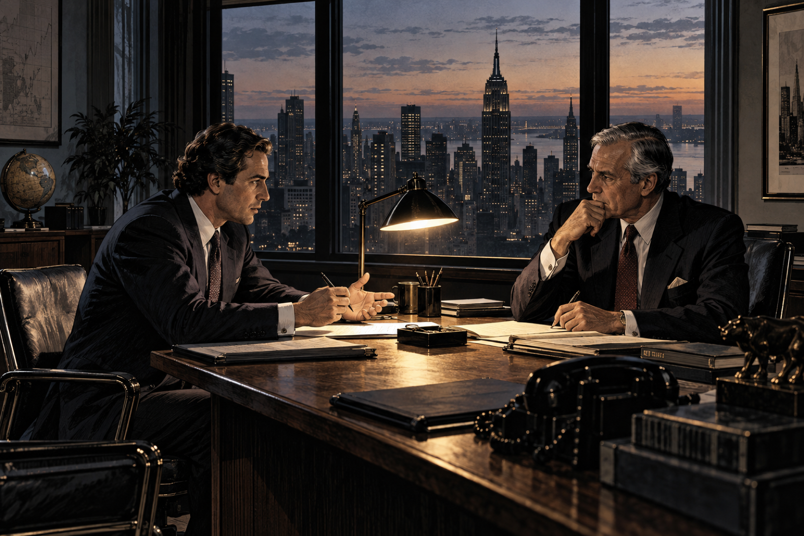 Stephen Schwarzman and Peter Peterson founding a small advisory partnership at a spare 1985 New York deal table