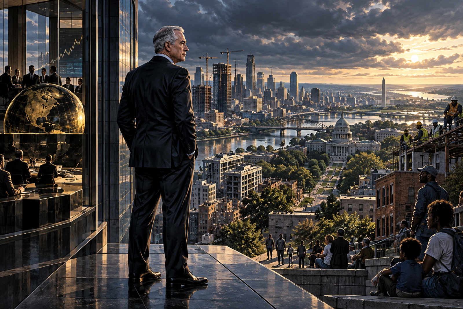 Stephen Schwarzman between a tower of institutional capital and communities shaped by investment in housing, jobs, and infrastructure