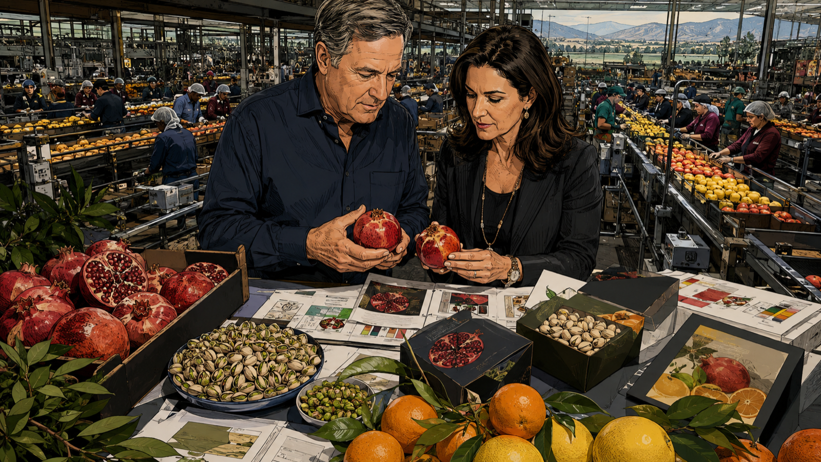 Stewart and Lynda Resnick reviewing fruit and nut brands inside a vast California packing operation