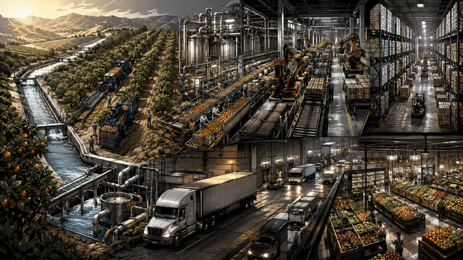 A cinematic cross-section of orchards, irrigation, processing lines, cold storage, and national distribution working as one system
