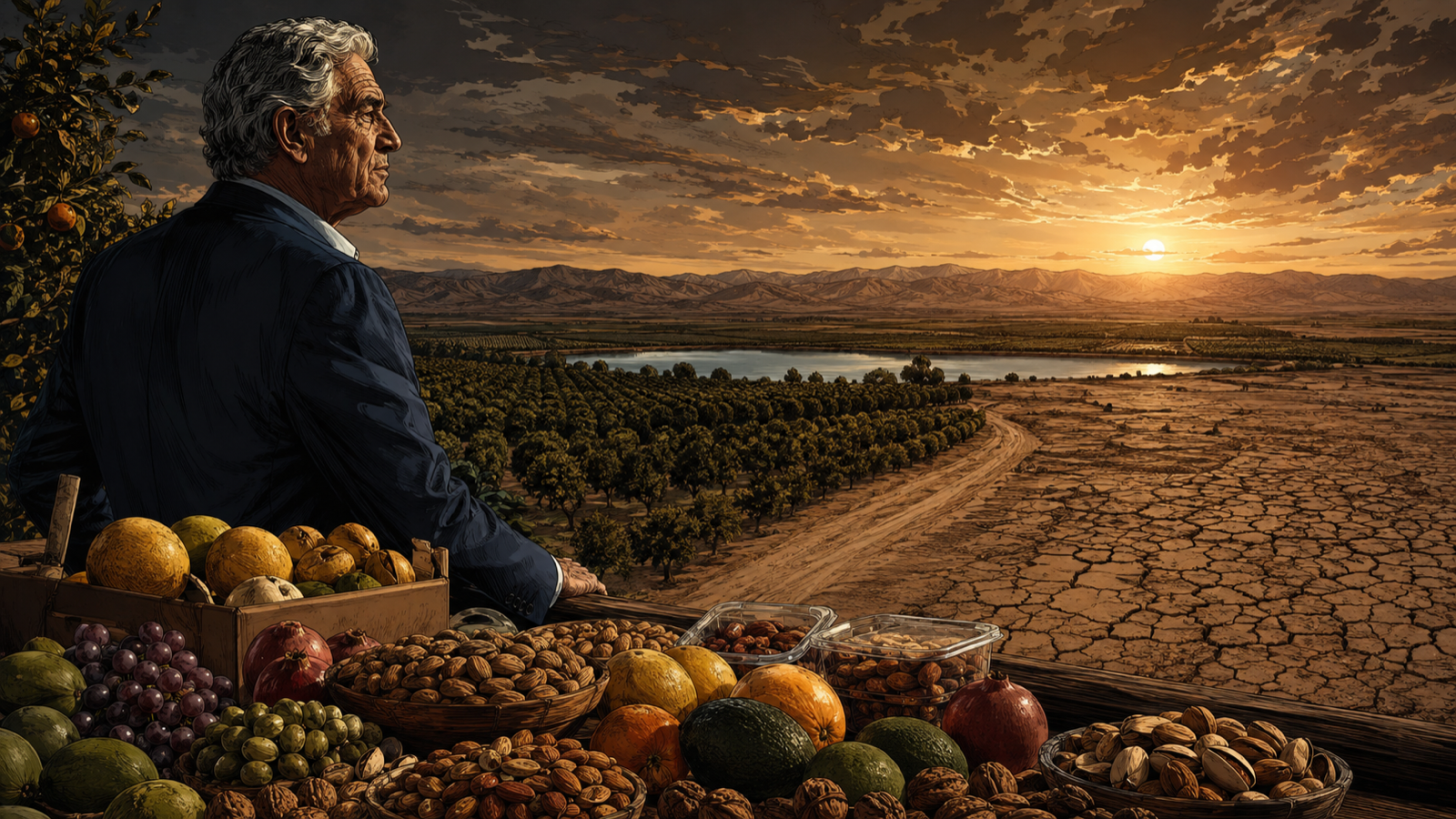 Stewart Resnick overlooking branded products in the foreground and vulnerable orchards stretching toward a dry horizon