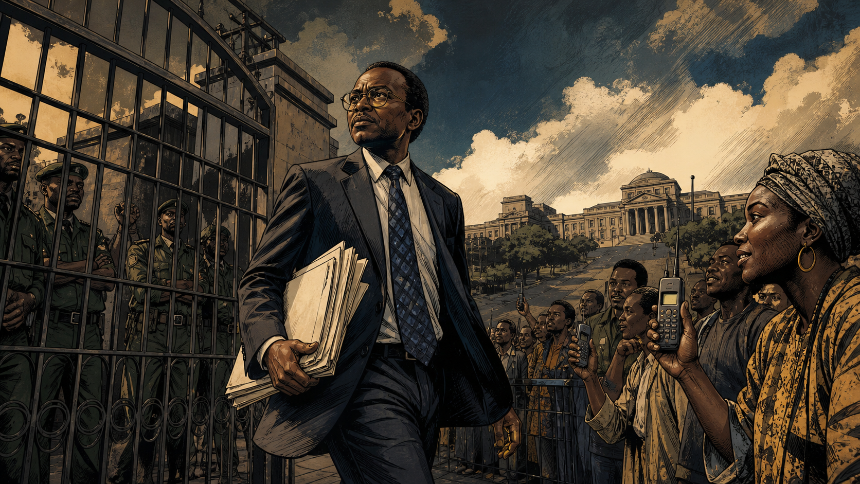 Strive Masiyiwa standing with legal papers between a closed state telecom gate and citizens waiting for mobile connection in 1990s Zimbabwe